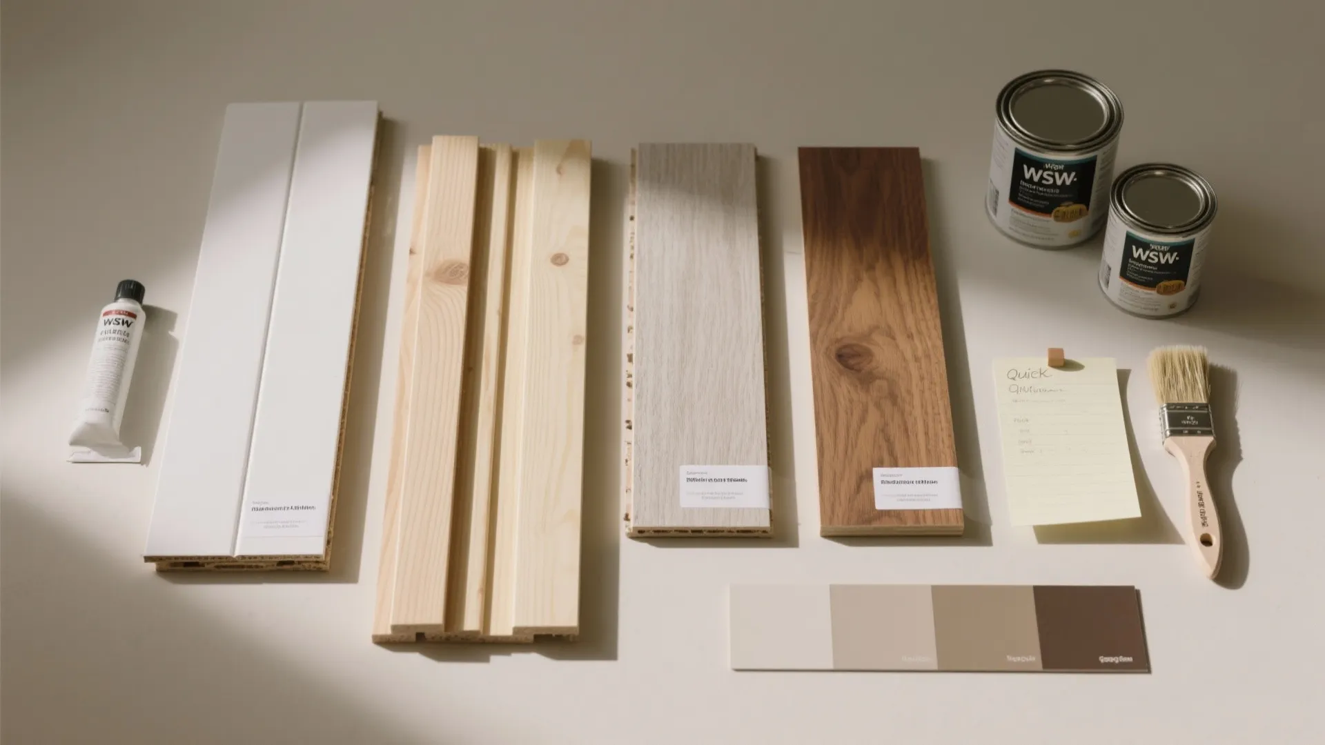 Flatlay comparing primed MDF, pine, hardwood and moisture-resistant panels with paint swatches for panelling FAQ.