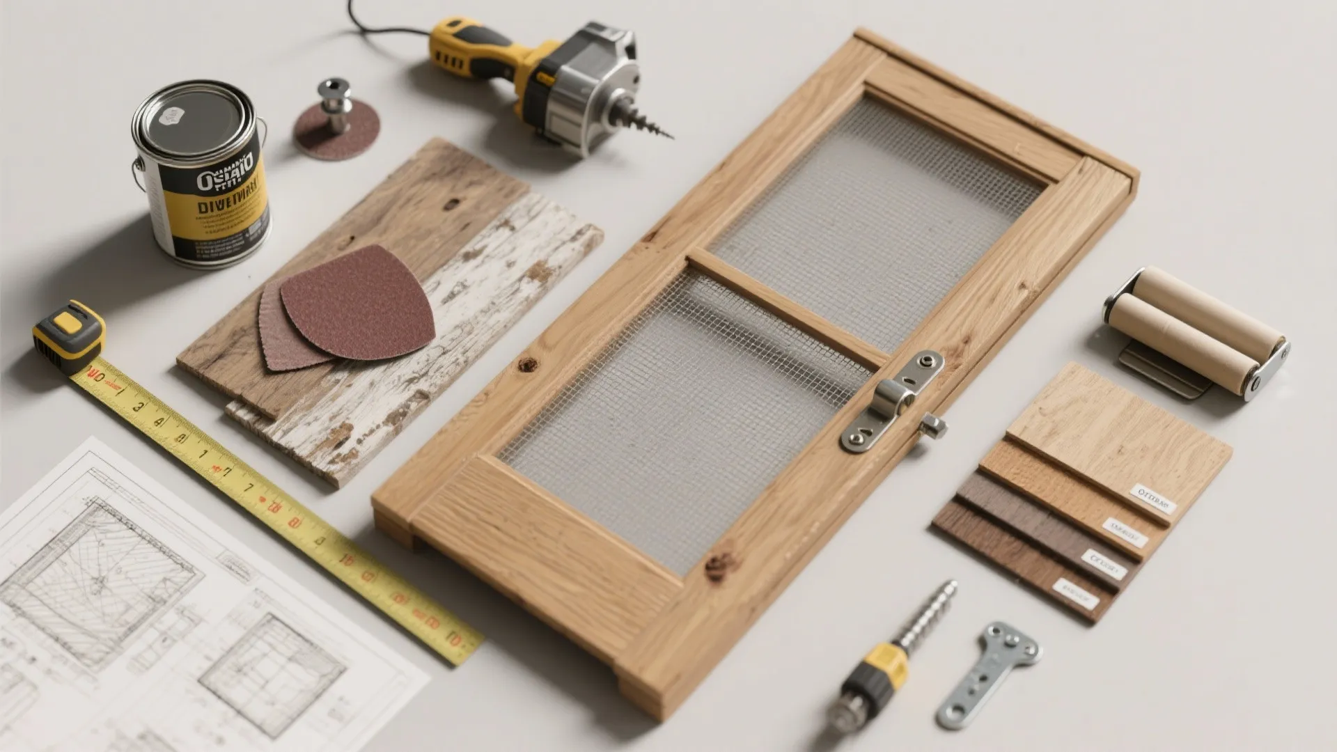 Collection of home renovation tools including wooden frame paint can drill tape measure and samples