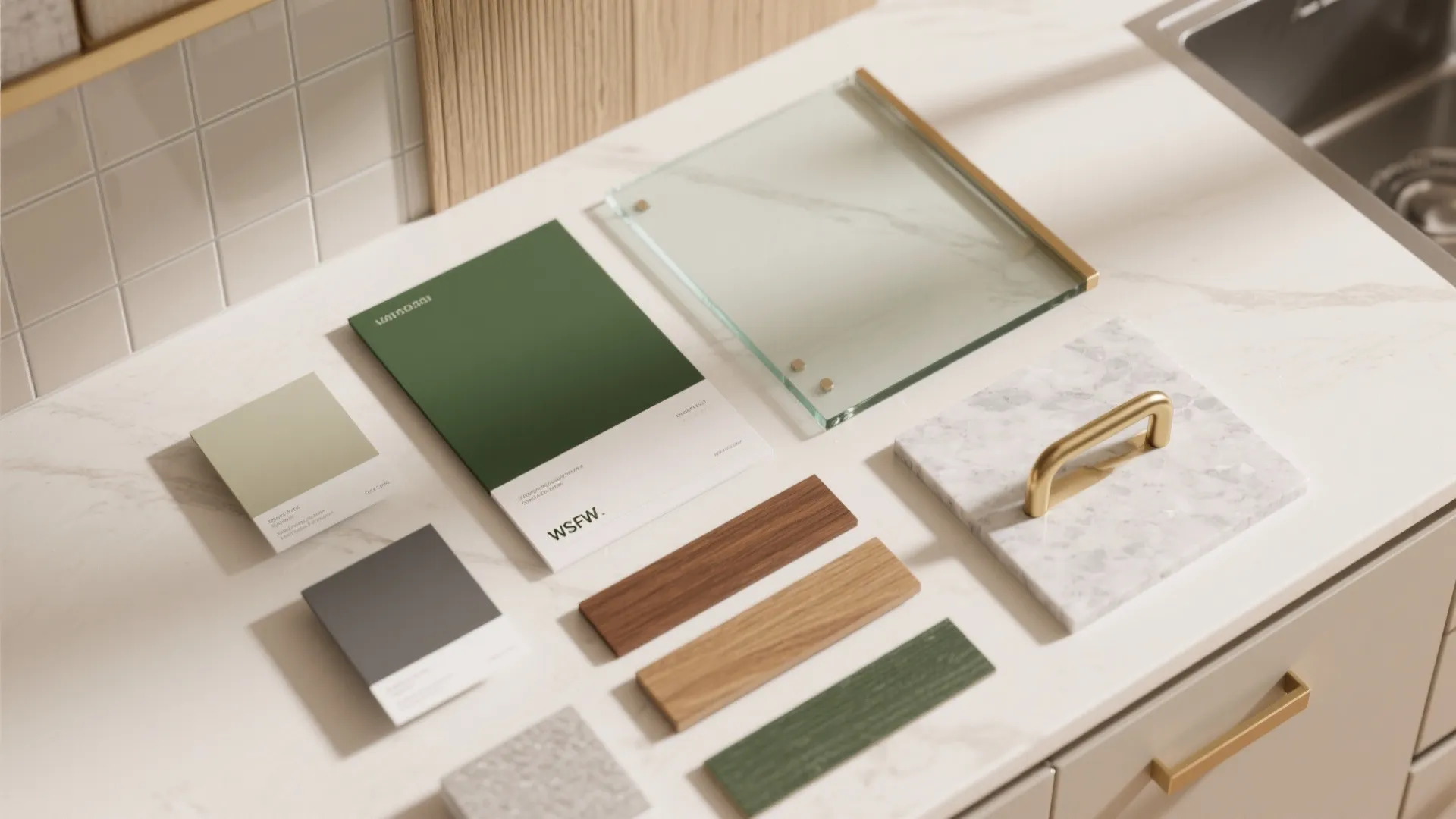 Material samples with green color swatches wood strips glass and marble on white kitchen countertop