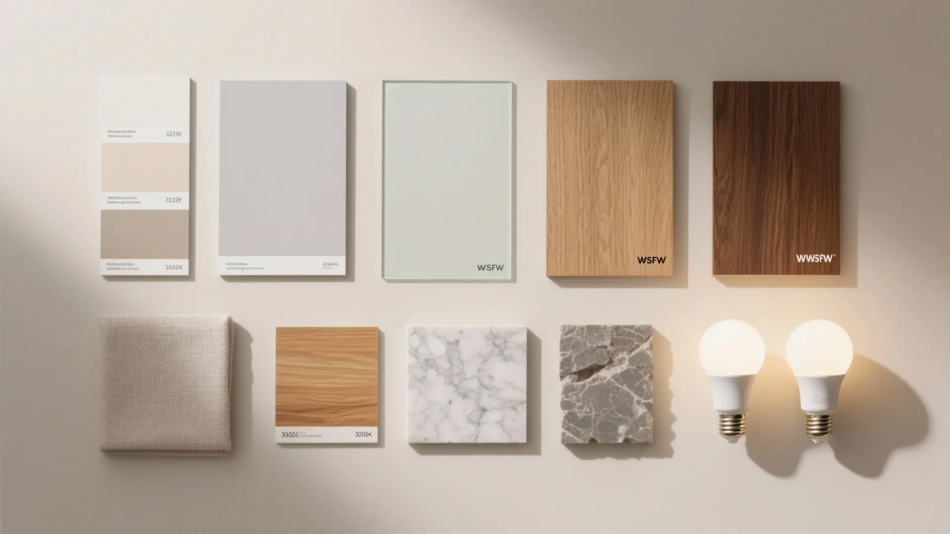 Mood board showing wood samples marble tiles fabric swatches paint colors and two light bulbs
