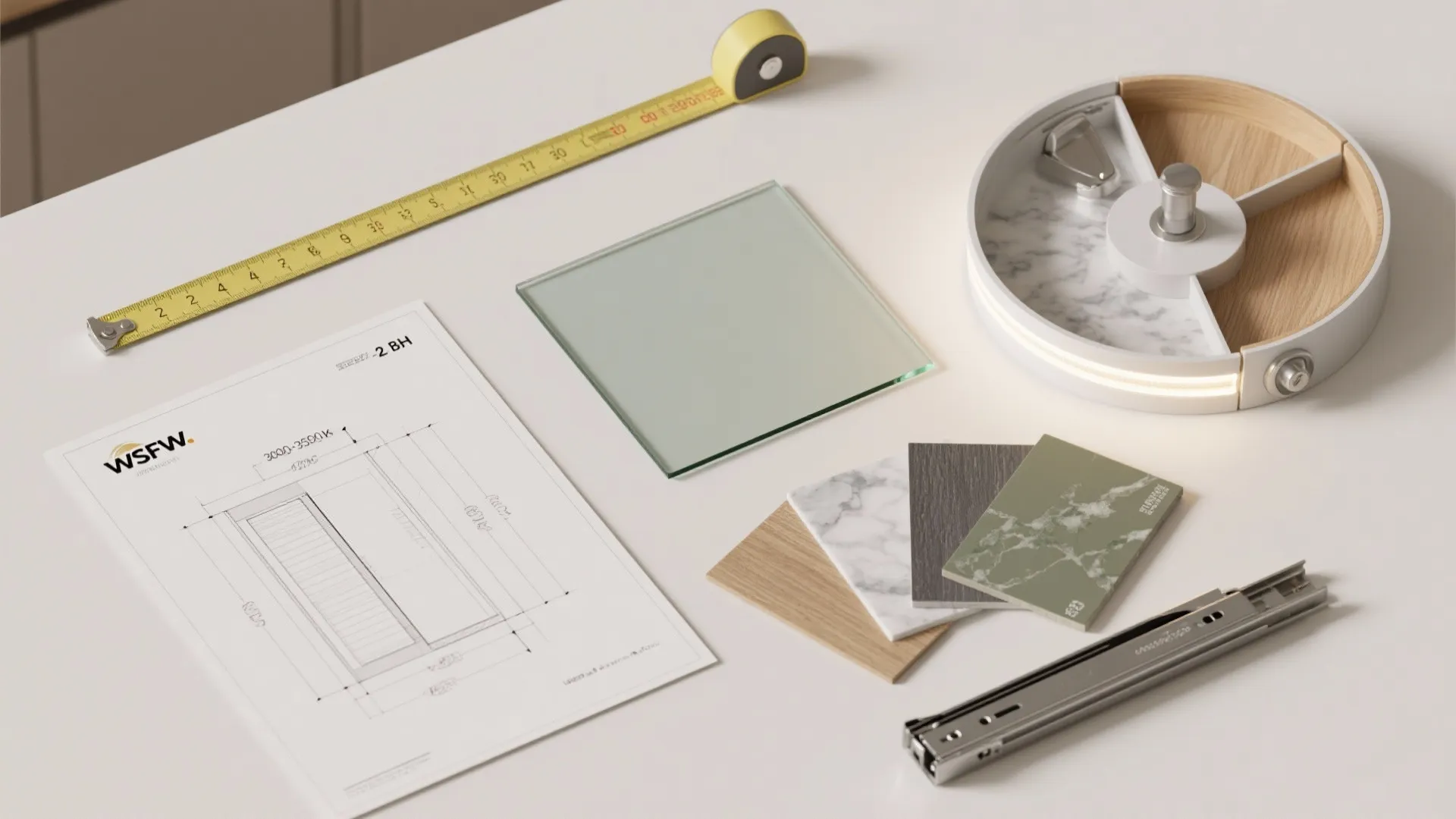 Interior design drawing with yellow measuring tape glass square marble tiles and metal drawer slide