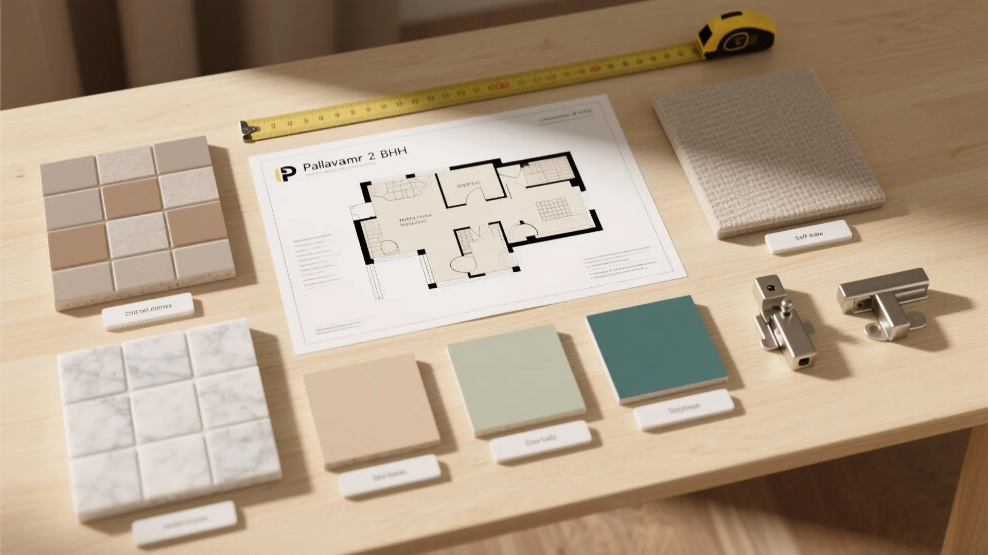 Interior design drawing with house plan floor tiles wall paint samples tape measure and hardware