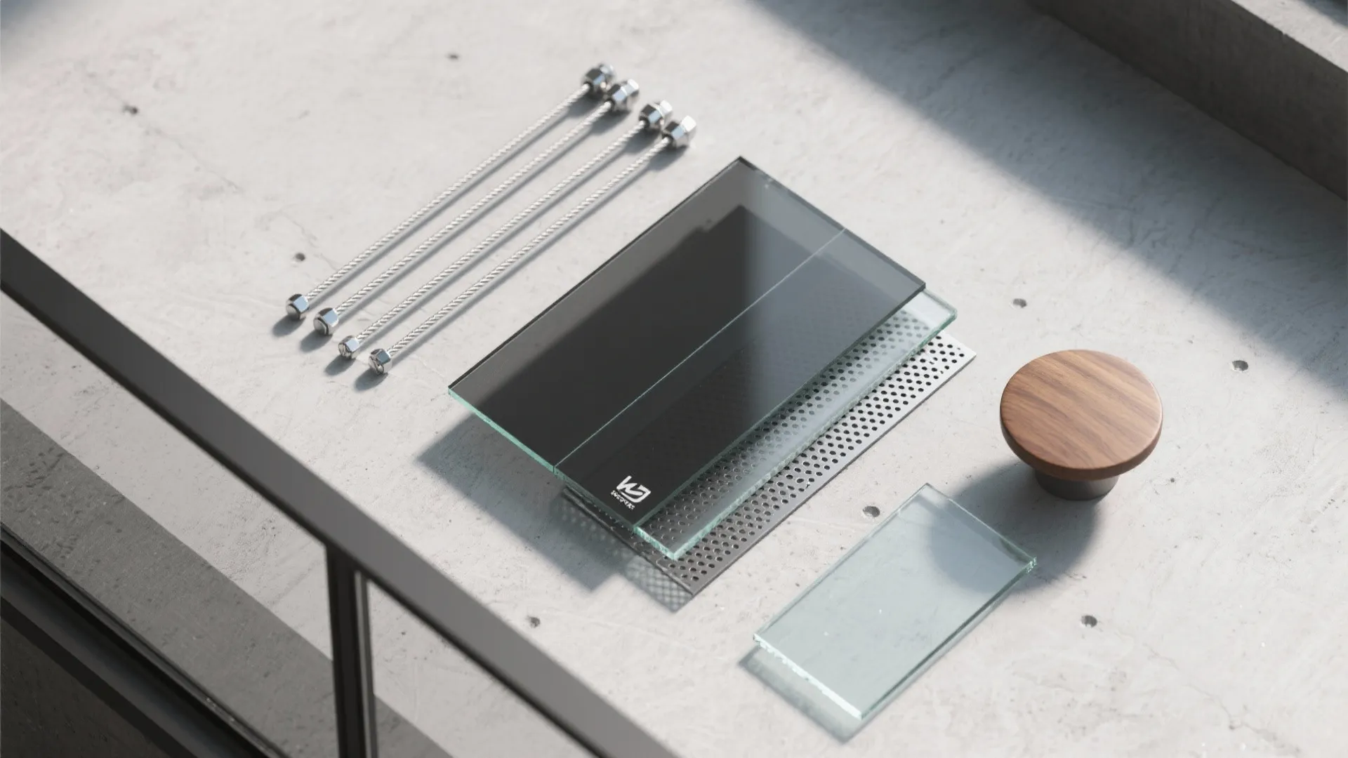 Top-down flatlay of balcony railing materials: glass, aluminum, stainless cable, perforated metal, and wood cap.