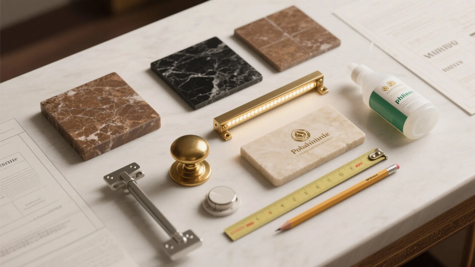 Various stone material samples with a ruler pencil glue and gold handle on white table