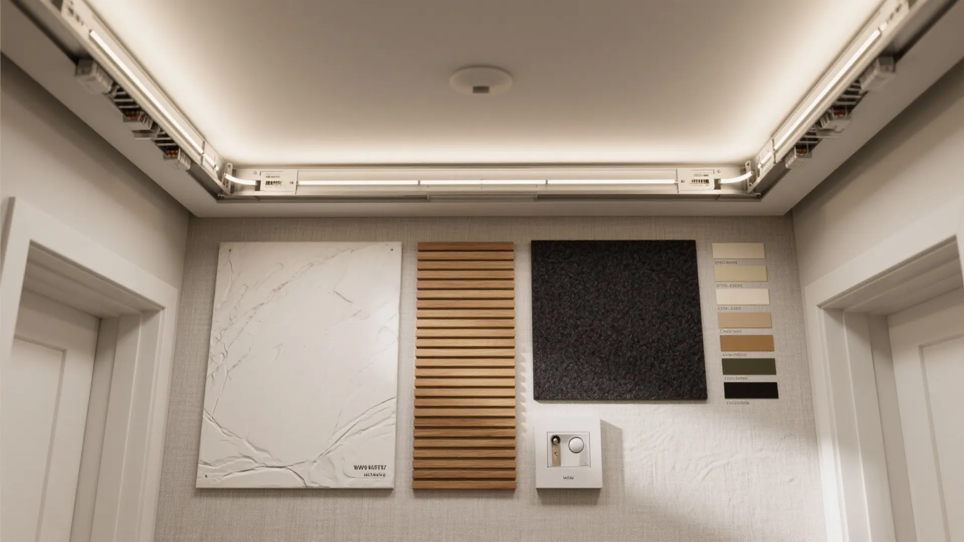 Interior design wall display showing material samples including white stone wood panels and color swatches
