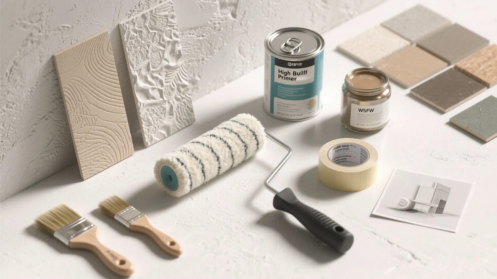 Home renovation tools including paint roller brushes primer cans tape and various wall material samples