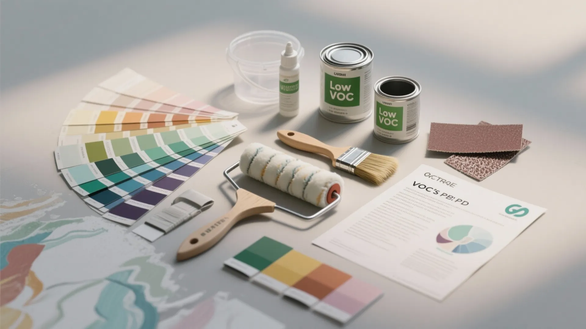 Flatlay of mural supplies including low-VOC paint swatches, brushes, primer, and a VOC information sheet.