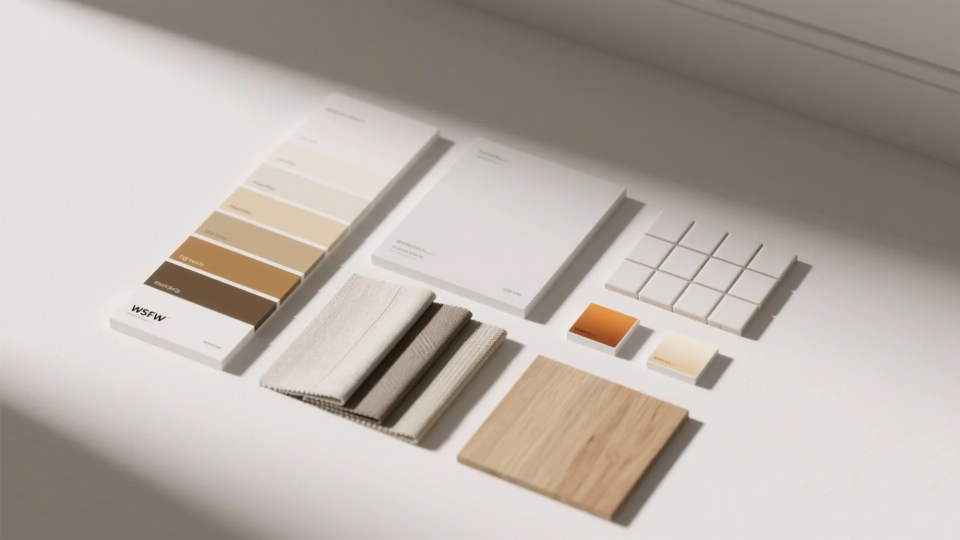 Top-down flatlay of paint swatches, bulb warmth chips, tile and fabric samples for white wall decision-making.