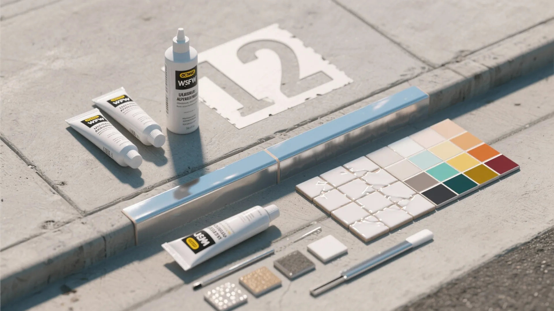 Flatlay of paints, sealers, stencils, reflective strips and tile samples for curb number options.