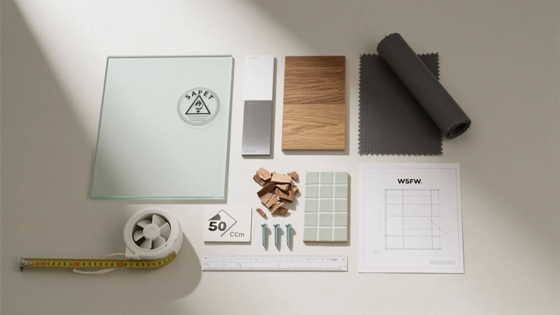 Interior design materials including wood samples glass tiles fabric swatches a ruler and metal screws