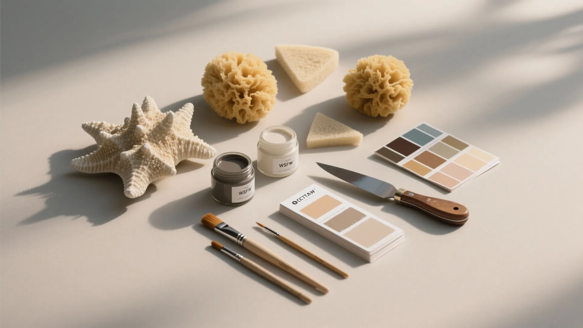 Various home decoration materials including sea sponges paint brushes color palettes and a small knife tool