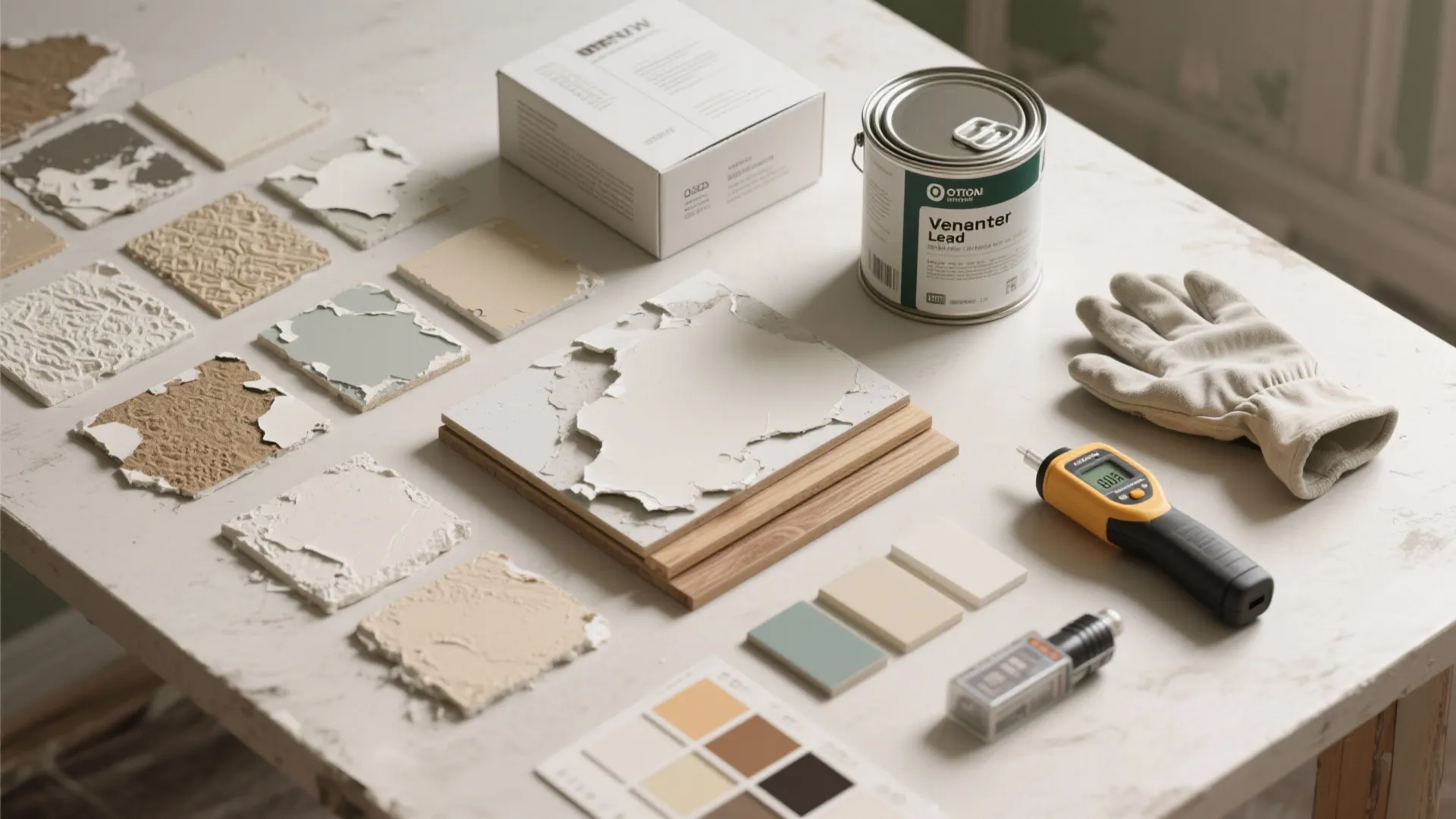 Variety of material samples including tiles paint can work glove and moisture meter on table