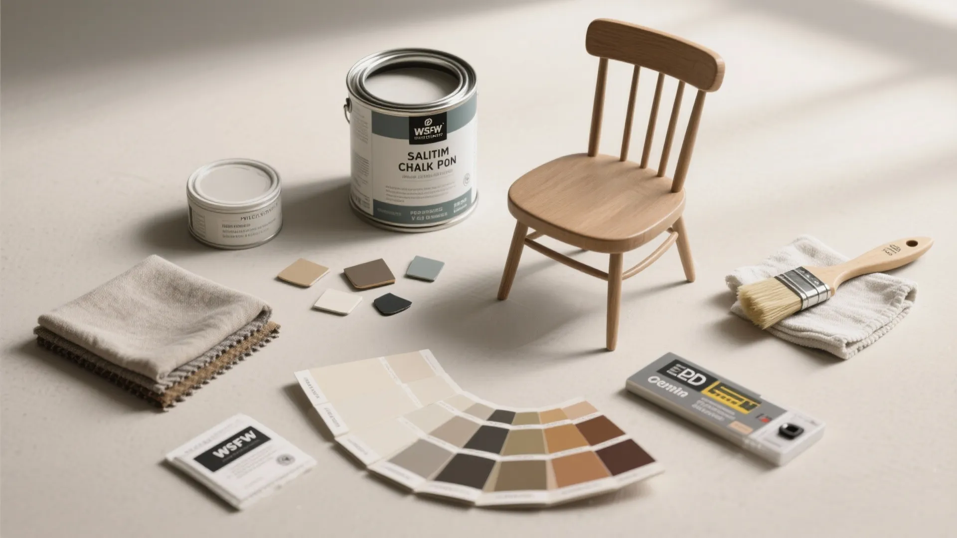 Small wooden chair surrounded by paint cans brush color swatches and fabric on beige background