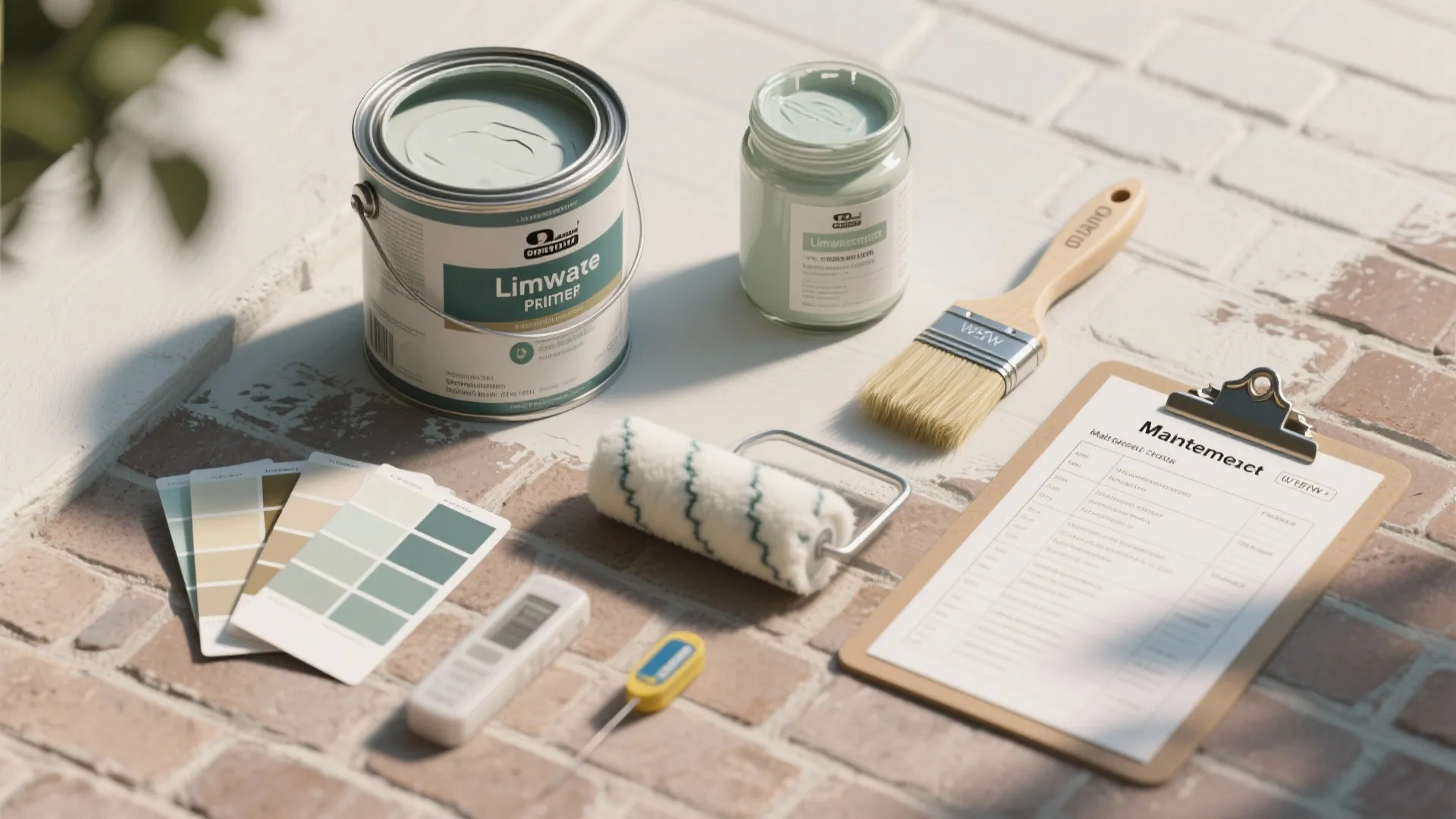 Paint cans color swatches paint brush roller and clipboard lying on a light brick surface