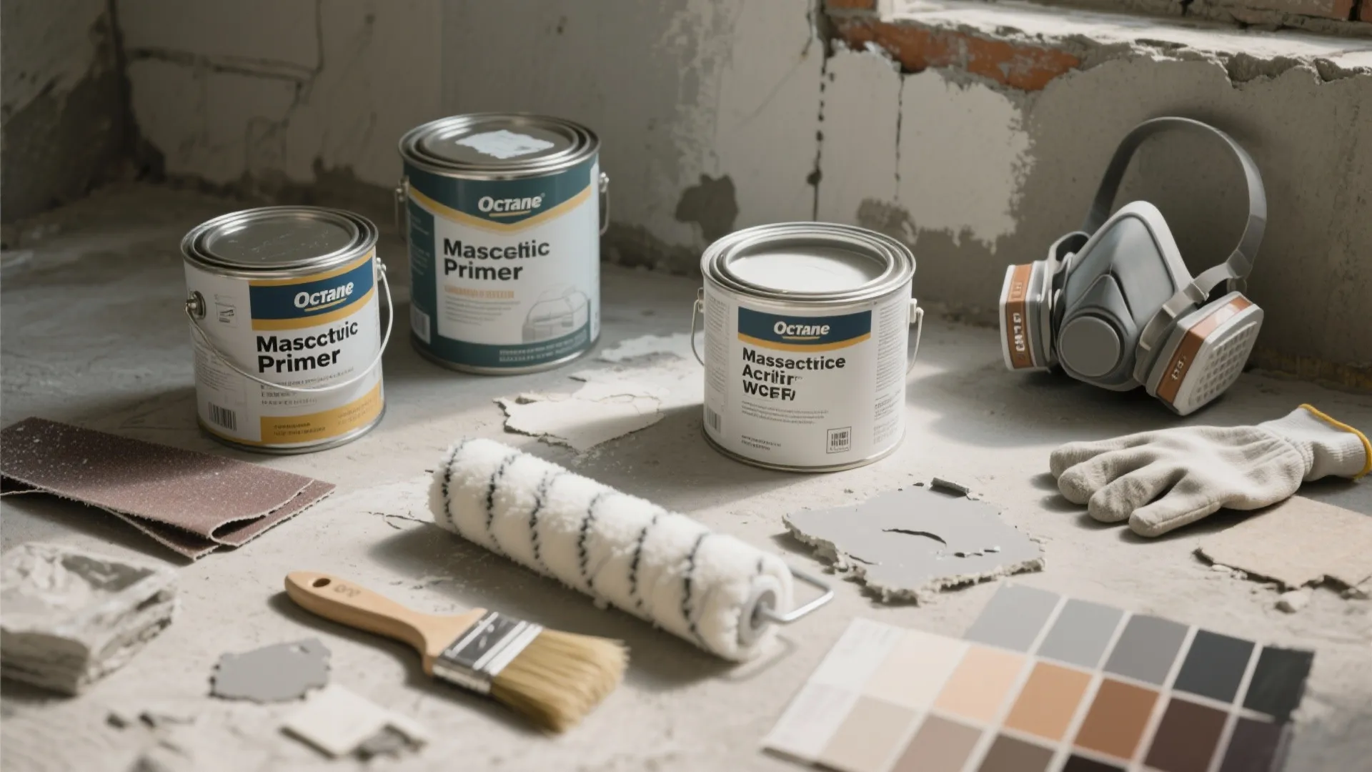 Painting supplies including primer cans paint roller brush gloves and face mask on a concrete floor