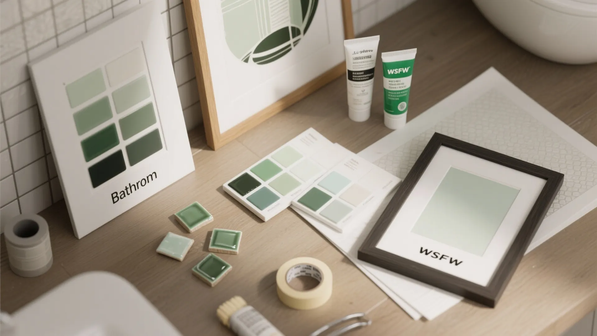 Collection of green color palettes small tiles paint tubes and framed art on wooden desk surface