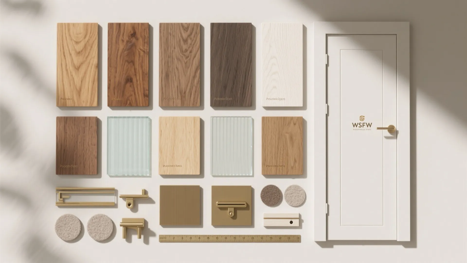 Collection of wood samples ribbed glass gold door handles and a small white door layout