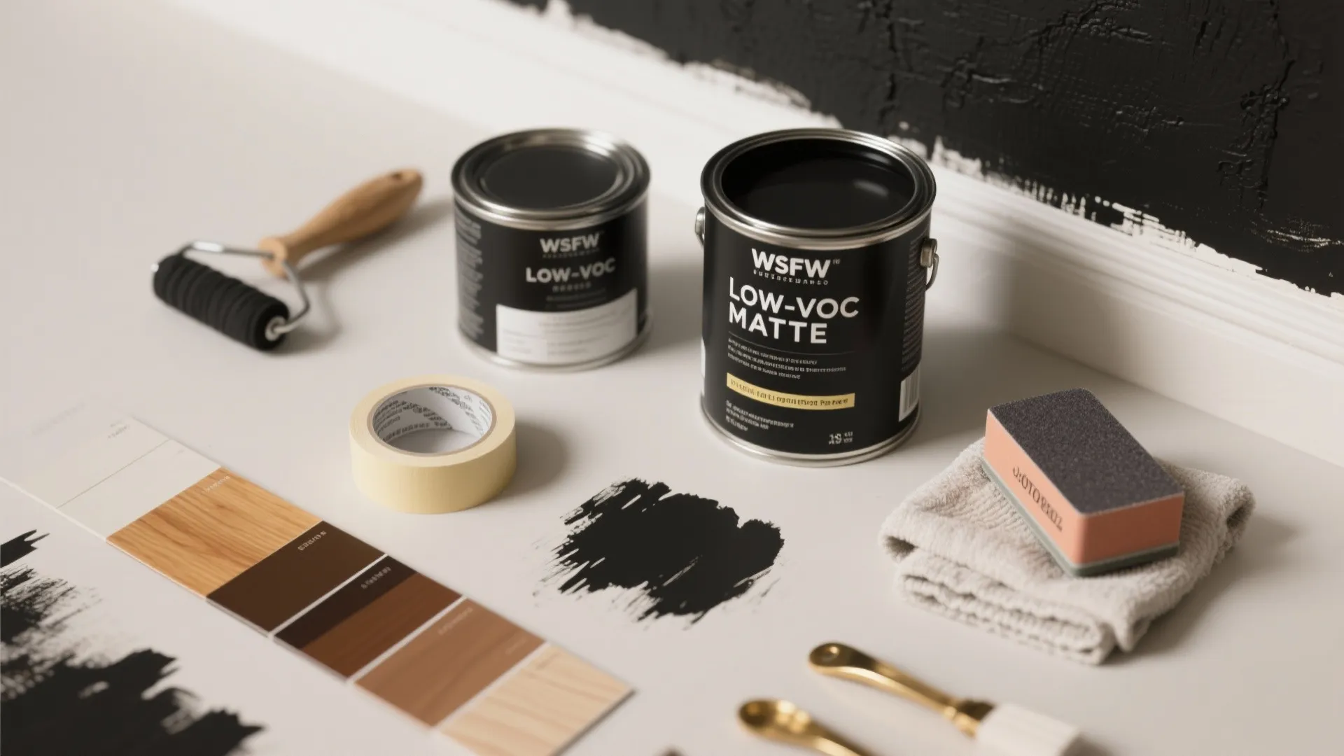 Black paint cans with roller painter tape wood samples and sanding block on white surface