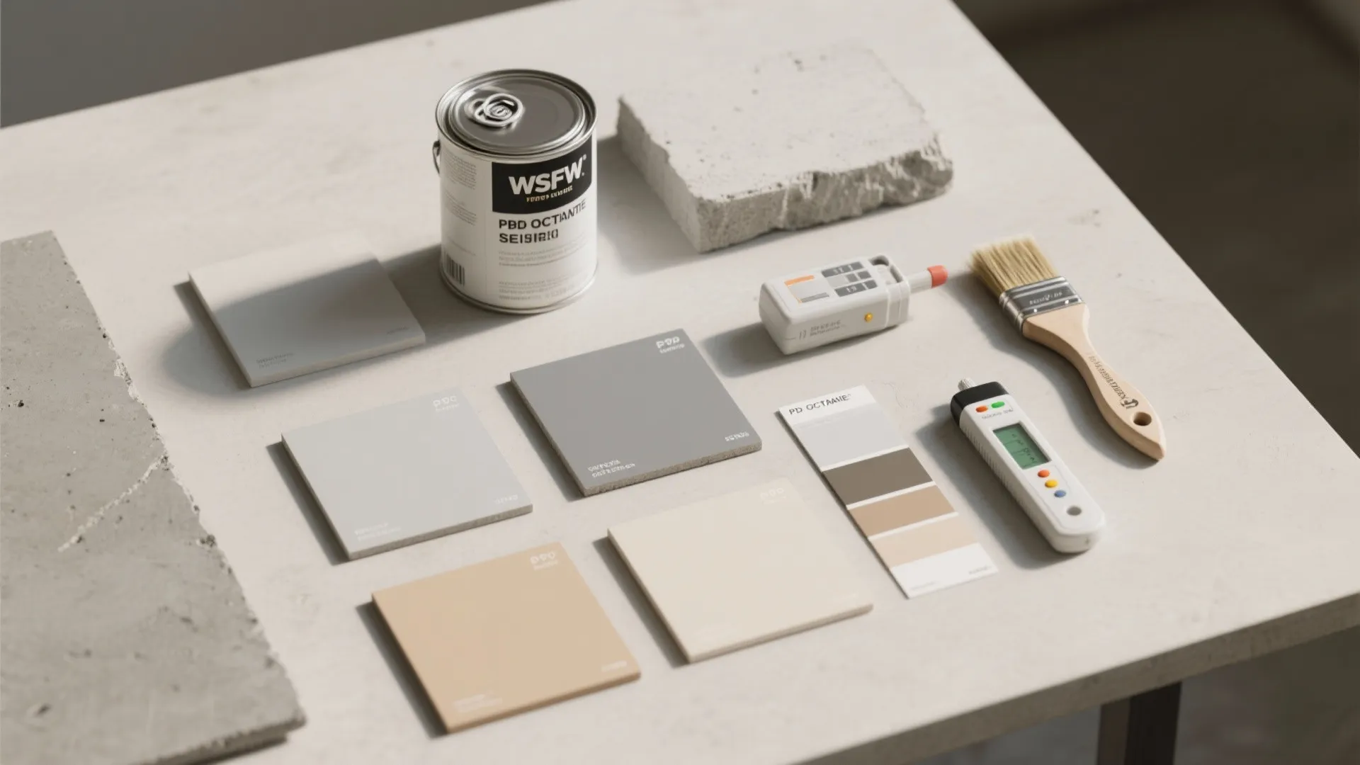 Table with paint can, tiles, paint samples, brush, and tools for home interior renovation projects