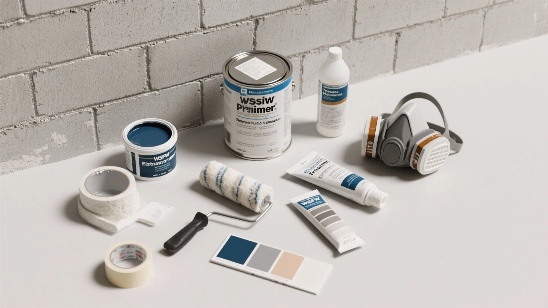 Painting supplies with paint cans roller tape safety mask and color swatches on white floor