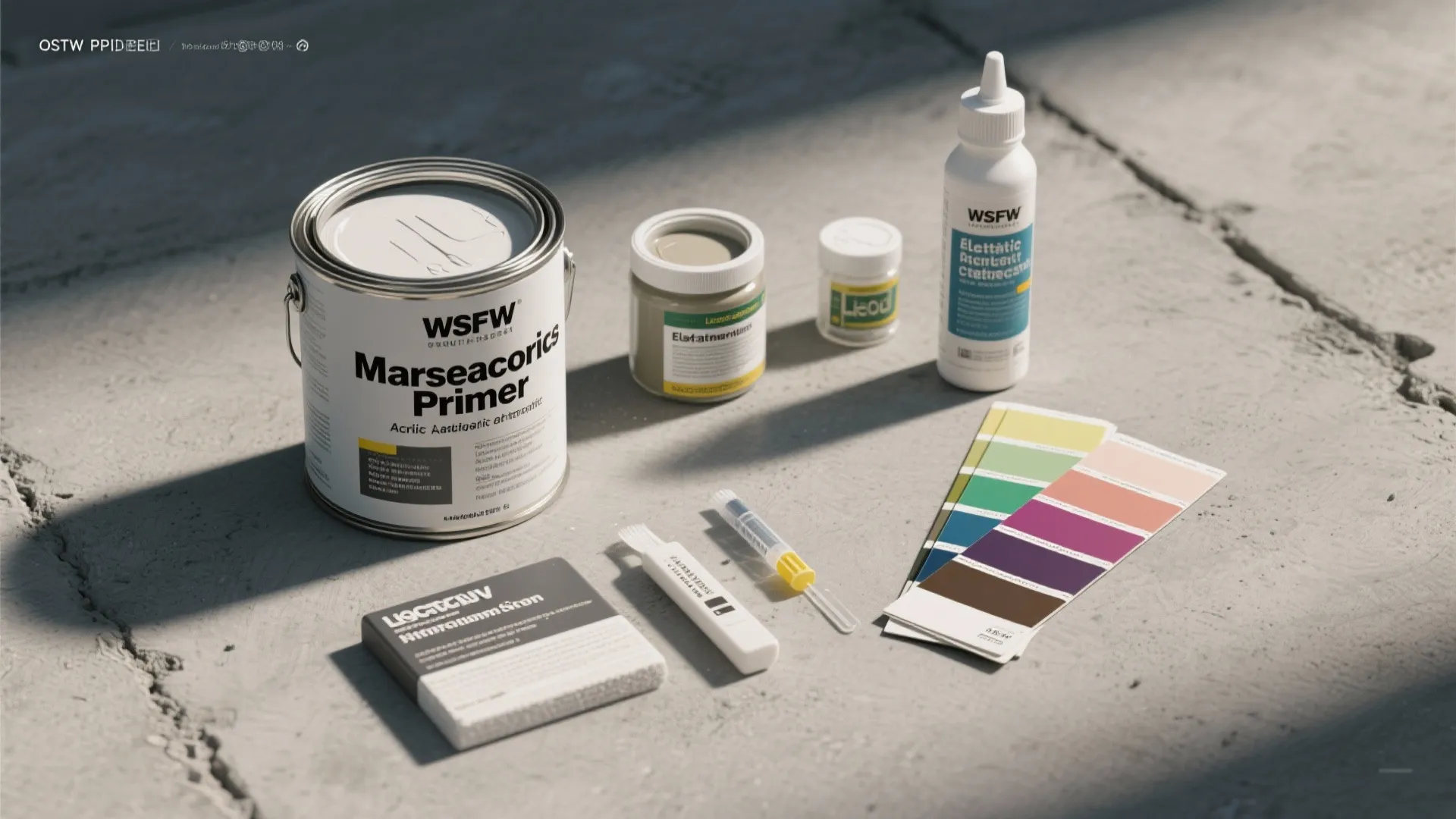 A large primer paint can with smaller jars and color swatches on a concrete surface