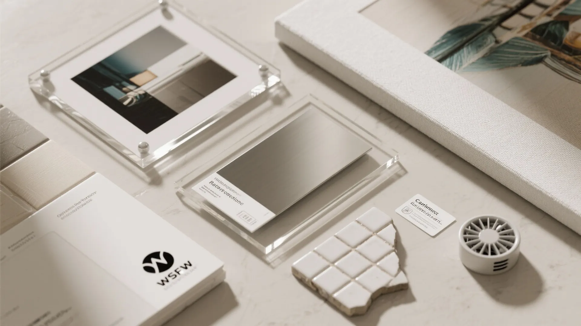 Desktop view with acrylic photo frames, white wall tiles, fabric samples, and interior design materials