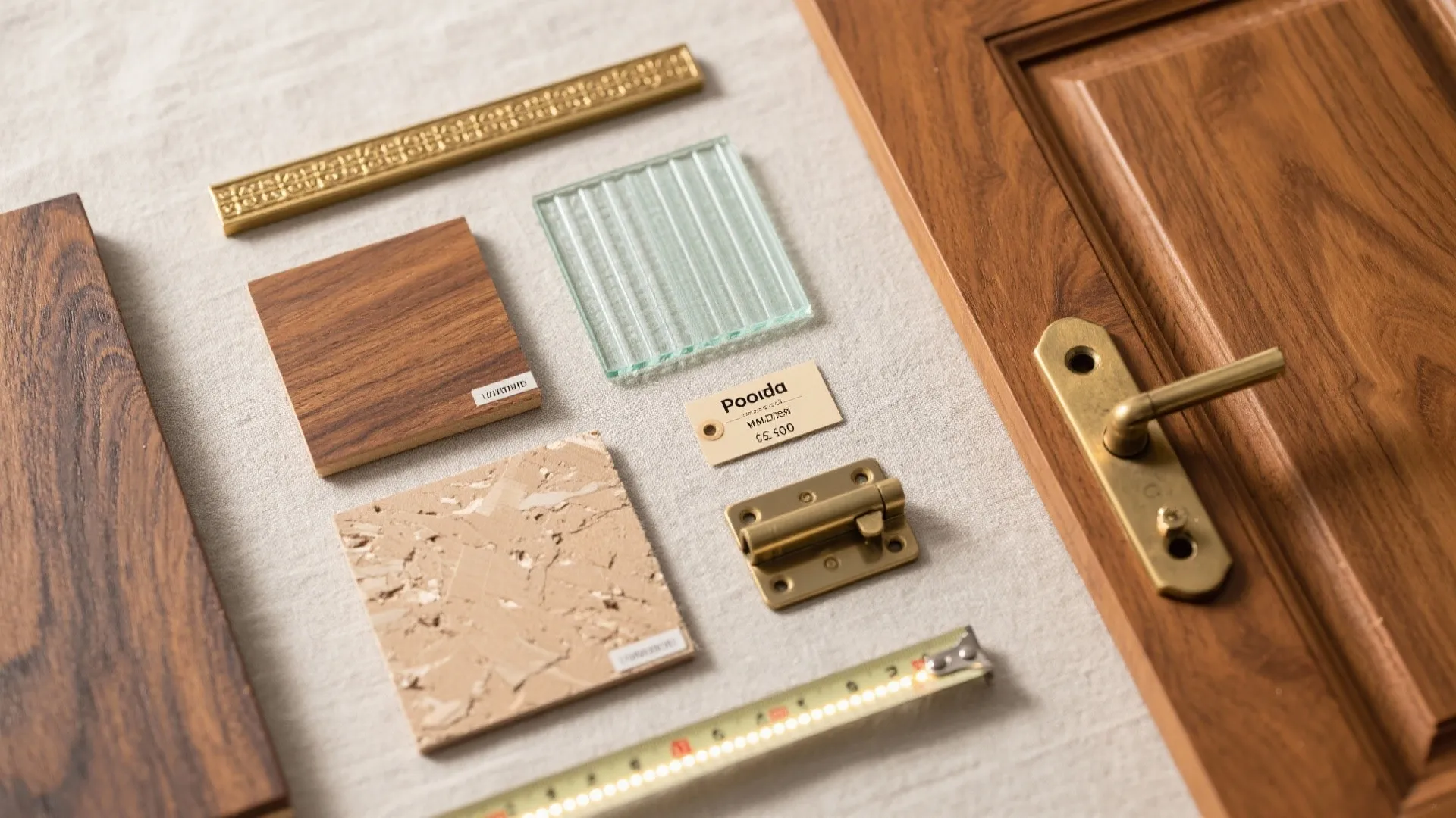 Wood samples glass piece gold door handle and hardware lying on a light grey cloth