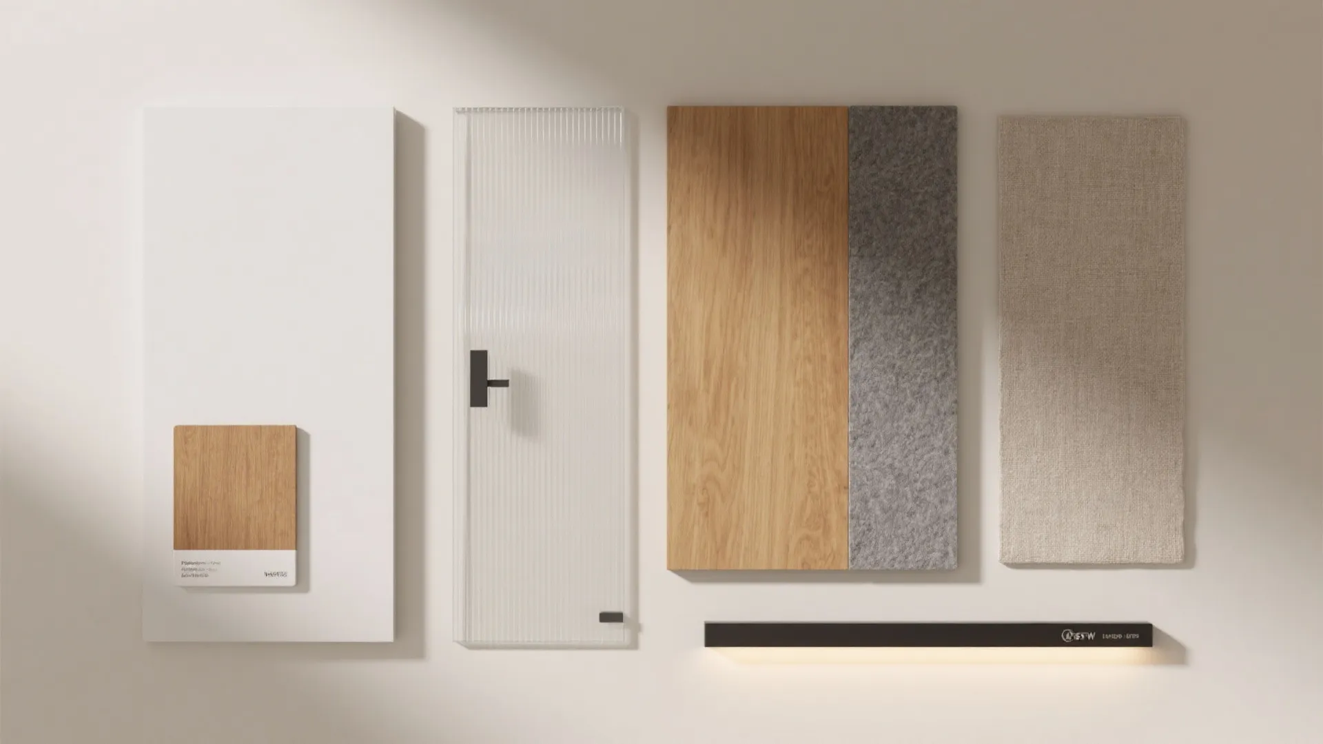 Material mood board showing wood panels glass samples fabric textures and a black modern light fixture
