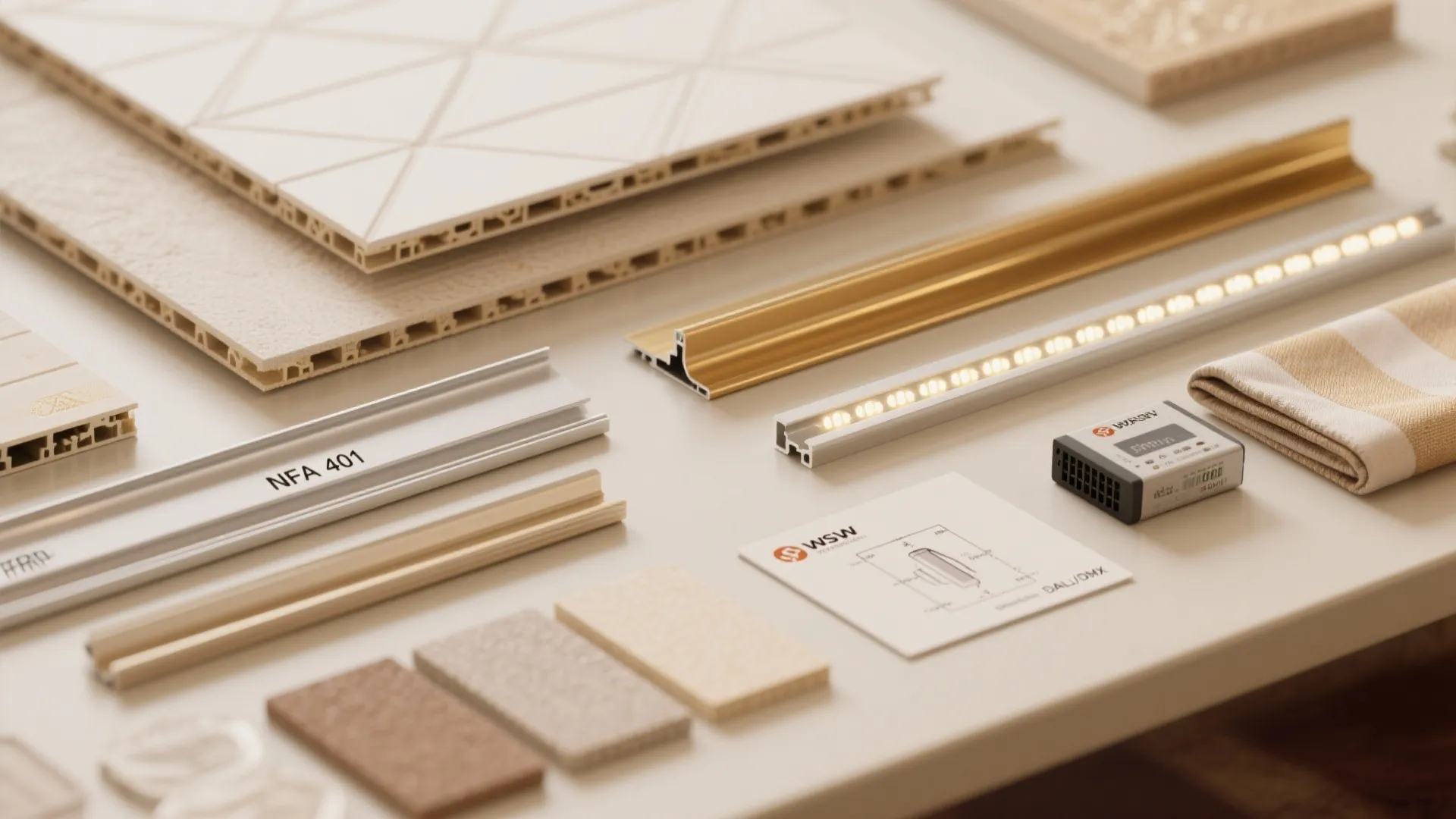 Flat lay of gypsum board, MDF trims, aluminum profiles, FR fabric swatches, LED controllers, and sprinkler clearance.