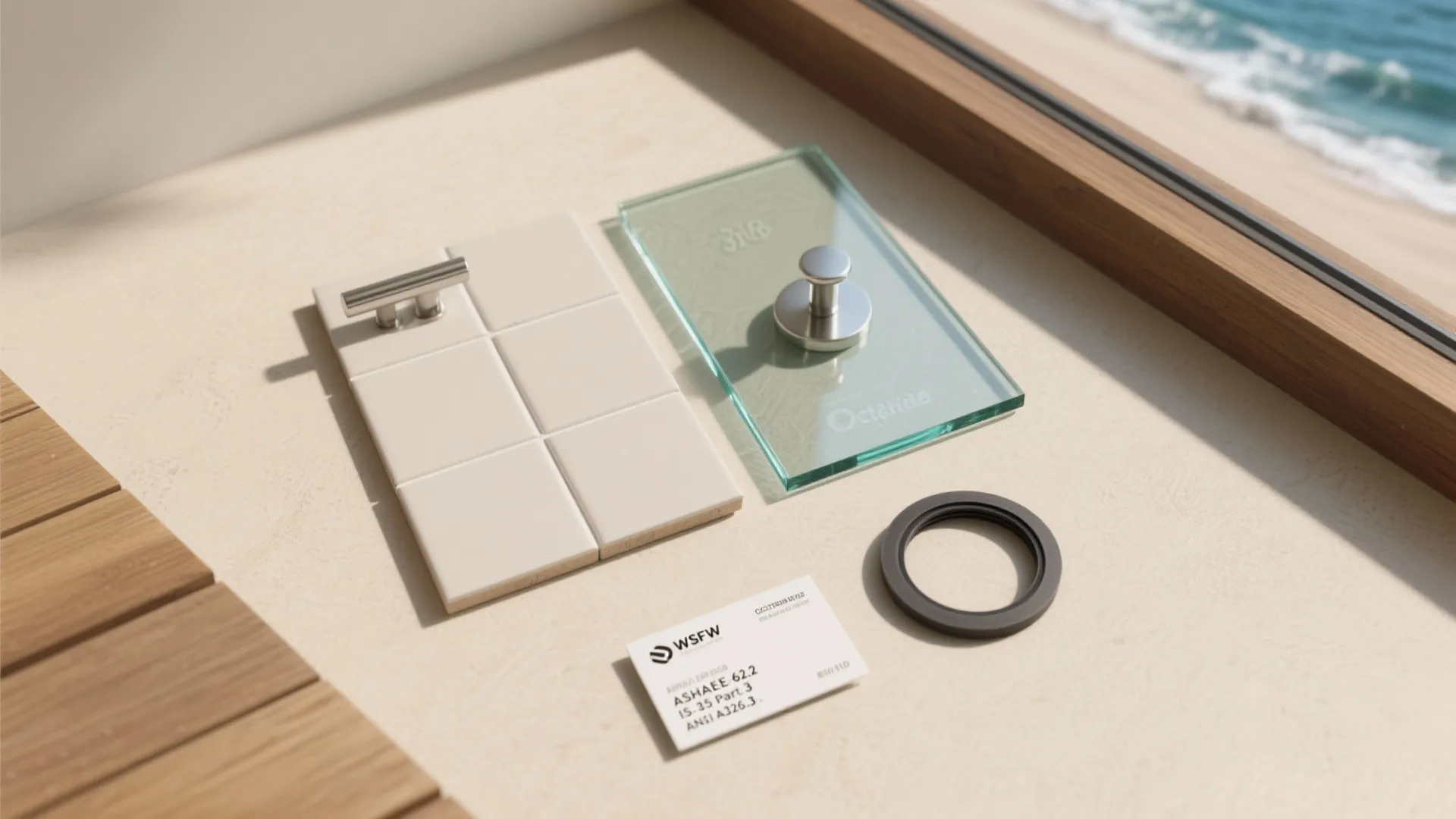 Flatlay of coastal home standards and samples: porcelain tile, low-E glass, 316 stainless, EPDM gasket with labeled cards.