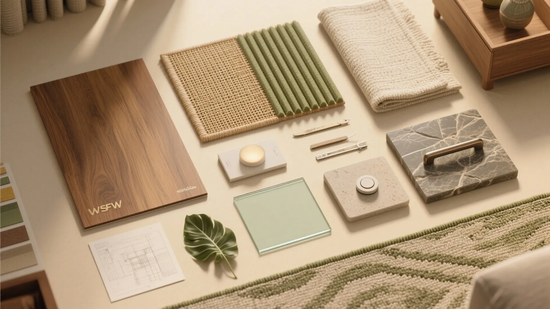 Top-down flat lay of wood, cane, fabrics, glass, dimmer, tile, and rug samples for a Mumbai 4 BHK.