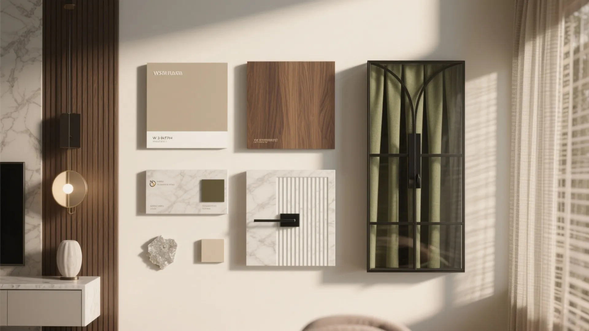 Flat lay of warm greige paint, walnut veneer, quartz, fluted glass, matte black hardware, and sage textiles.
