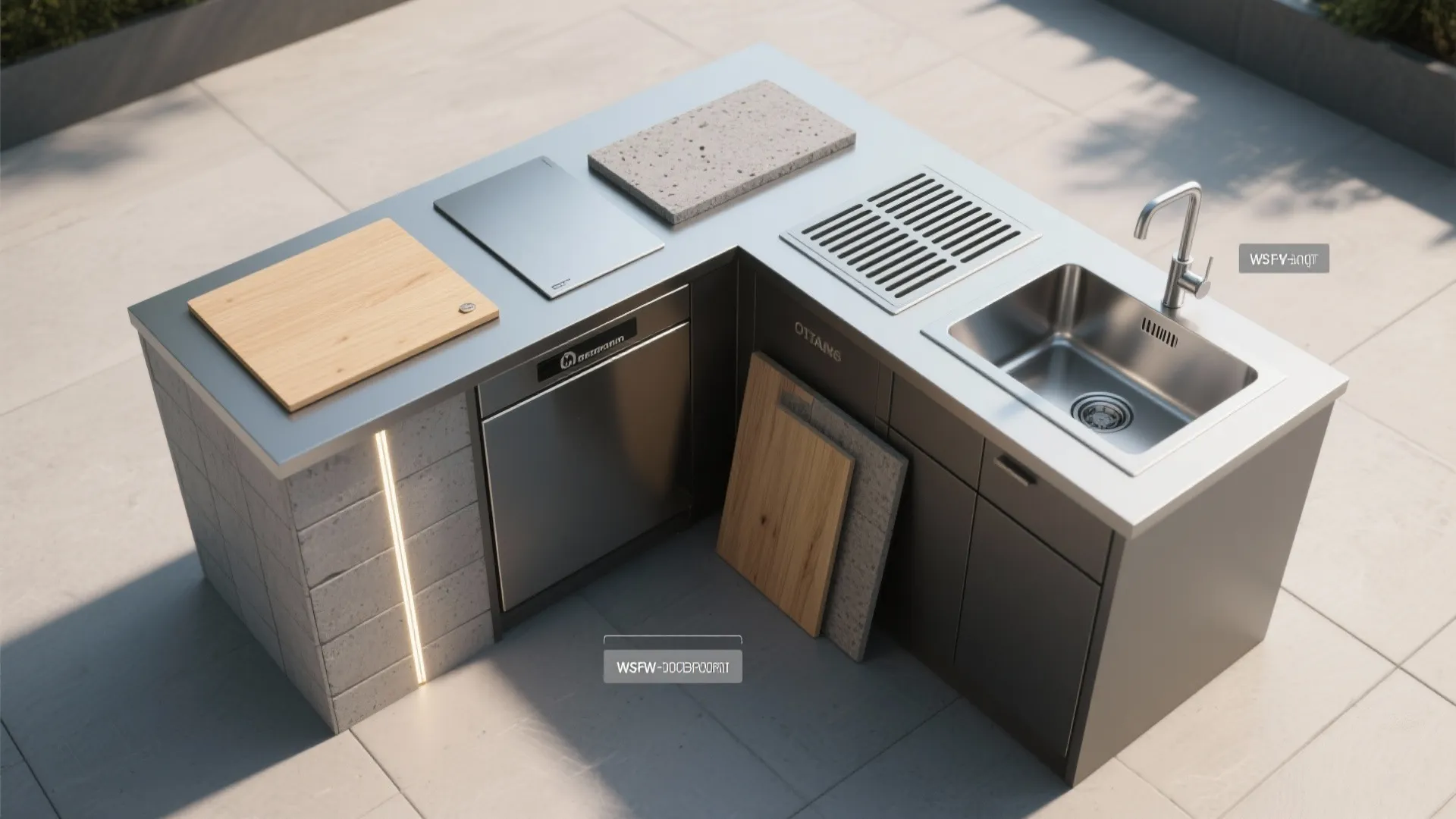 L-shaped outdoor kitchen island showing different materials like stone wood metal and a small sink