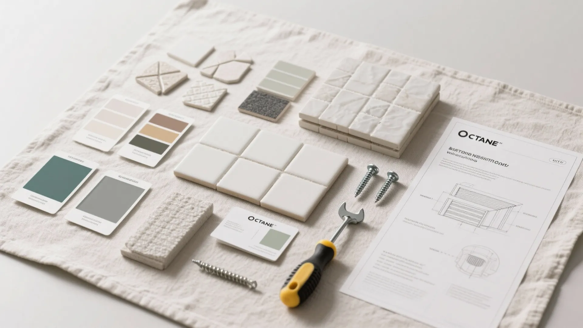 Flatlay of tile samples, peel-and-stick swatches, grout tool, anchors and paint swatches for bathroom FAQ reference.