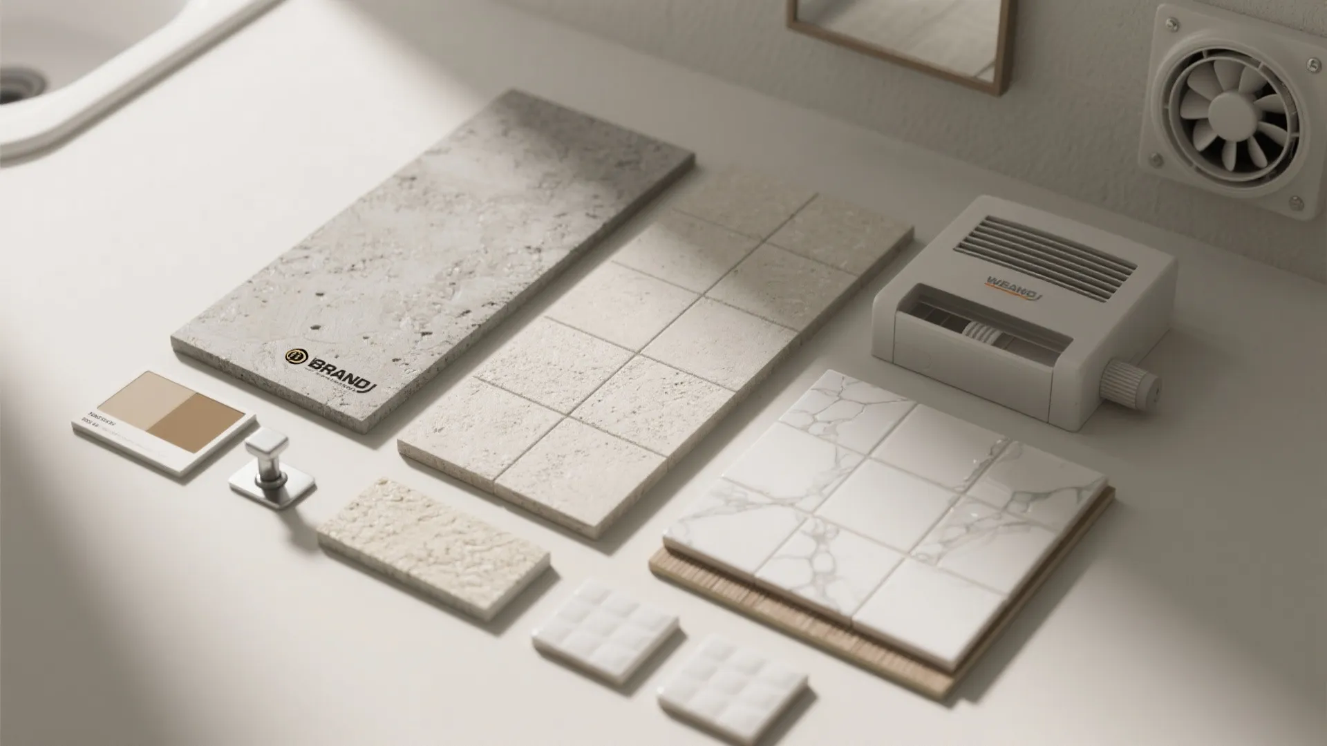 Selection of interior design materials including stone slabs tiles color swatches and small white fan