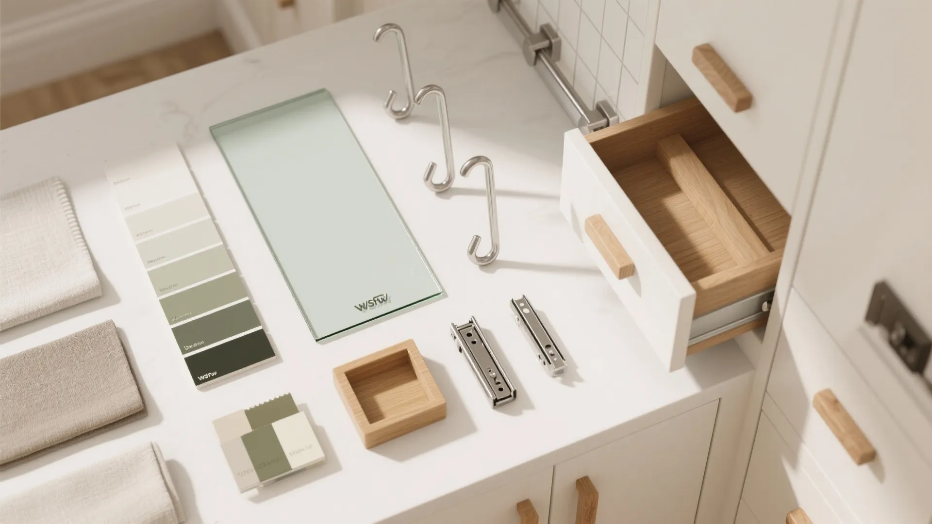 Collection of kitchen design materials including green color swatches glass panel hooks and wooden drawer