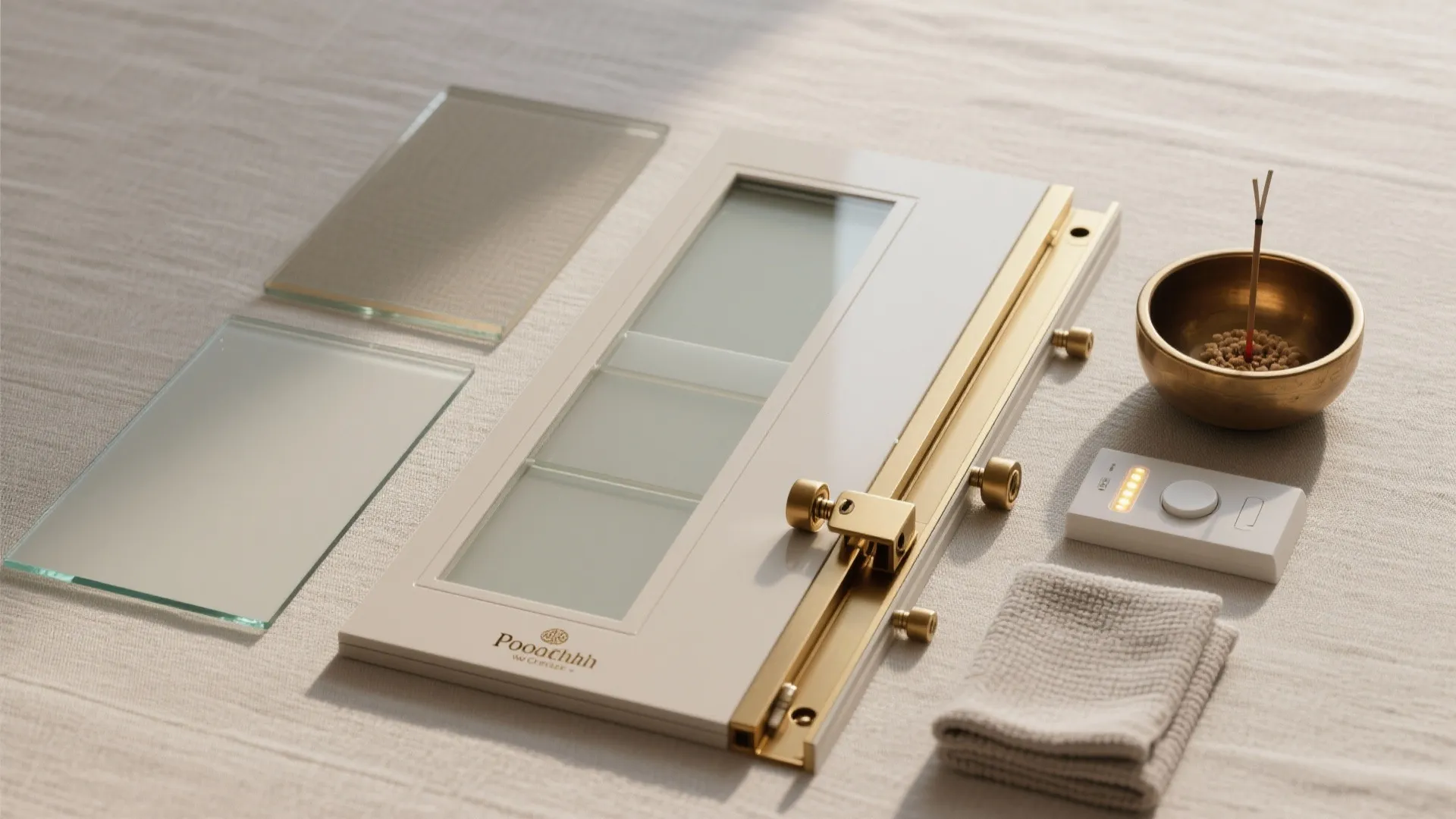 Interior design materials including glass panels white door parts gold trim and a small bowl