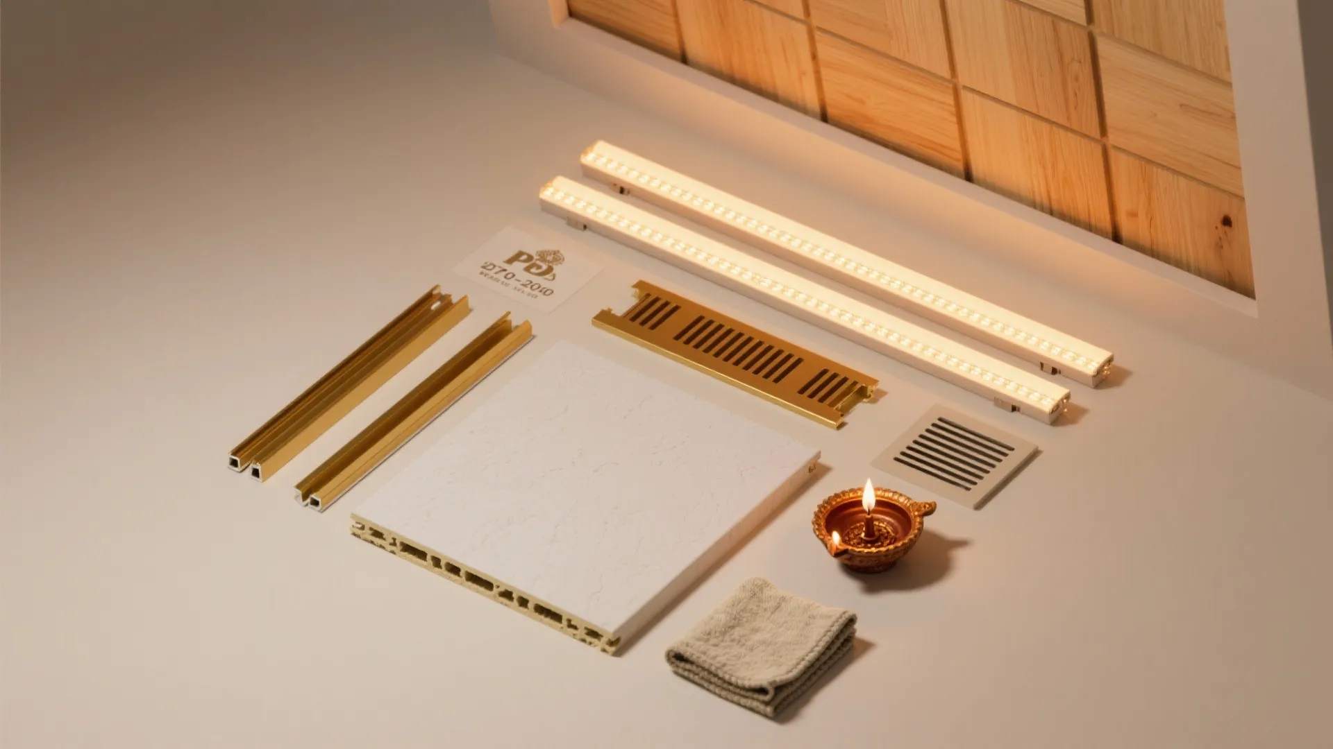 Home improvement materials including LED light strips gold trim white tile and small oil lamp