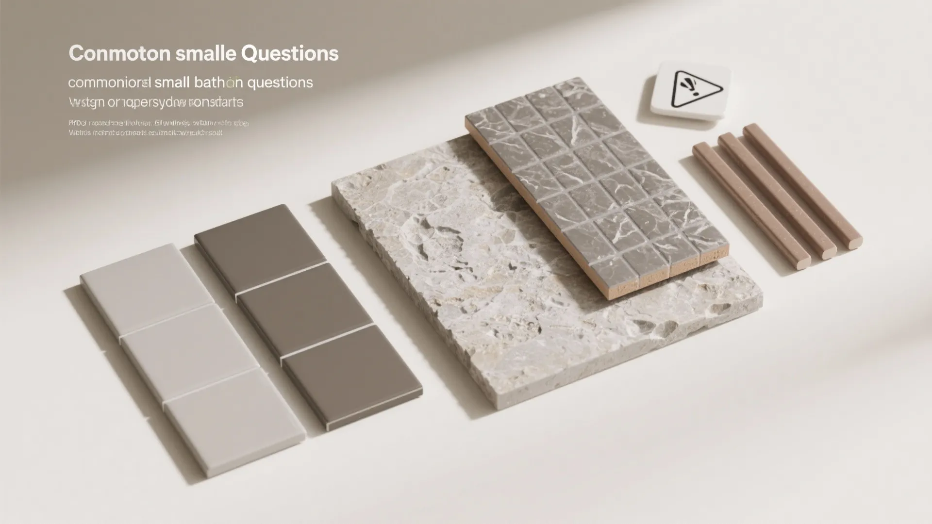 Interior design material board with stone tiles wood samples and text about small bathroom questions