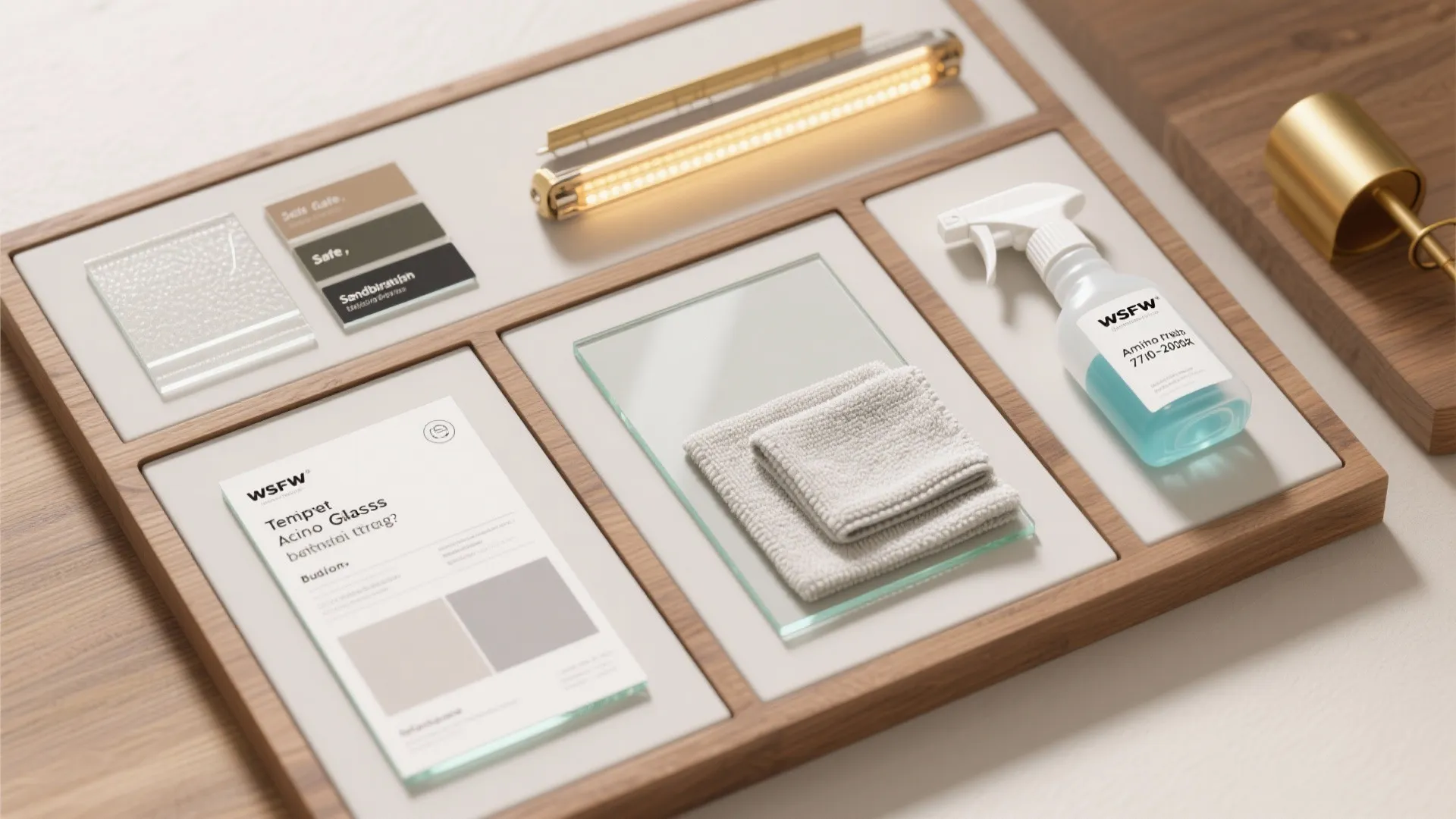 Top-down flatlay with tempered glass, etched finish swatches, vinyl film, microfiber cloth, cleaner, and warm LED strip.