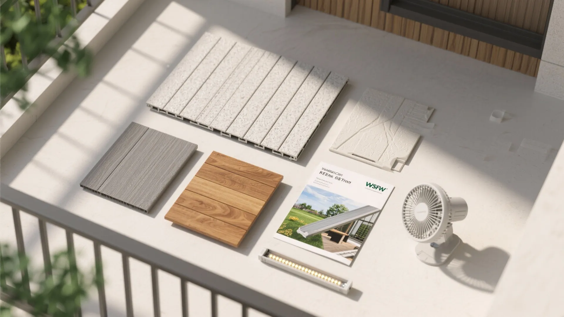Selection of building material samples including wood tiles and stone panels on a sunny balcony