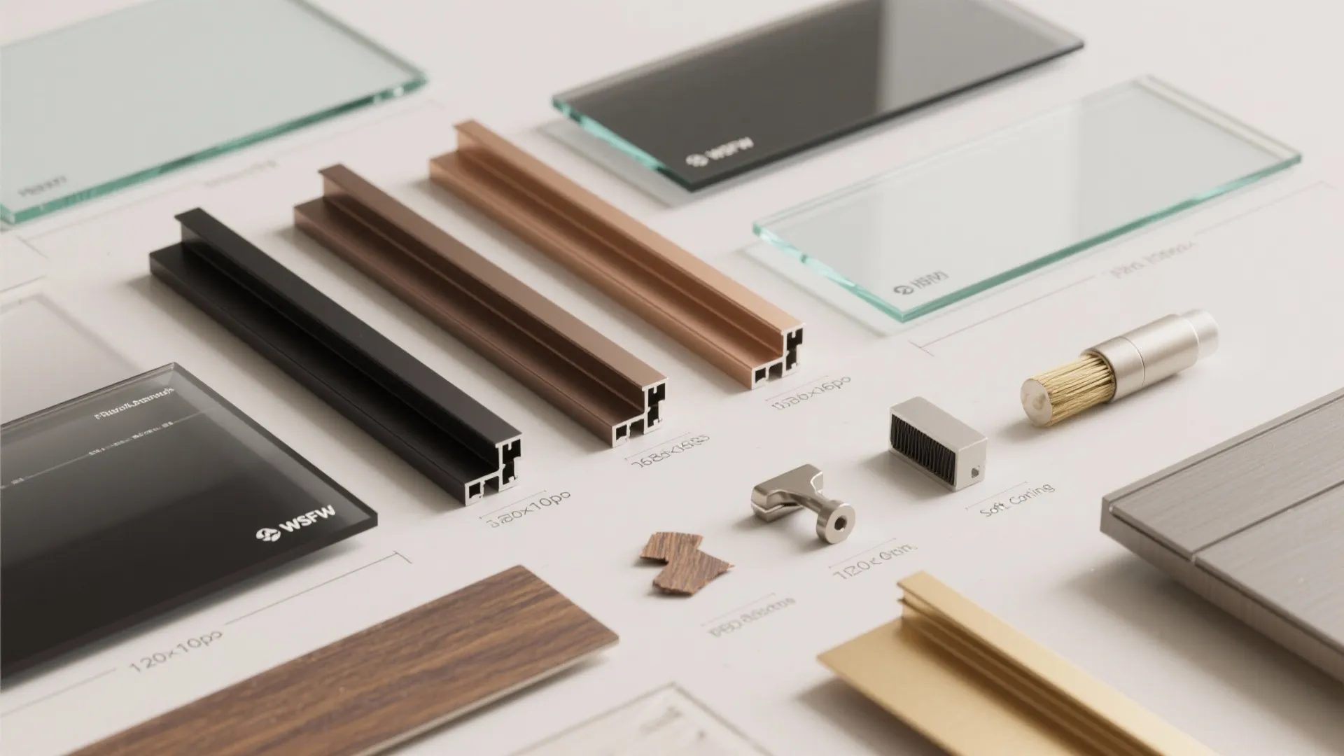 Collection of interior design materials including metal frames glass panels and small wooden floor samples