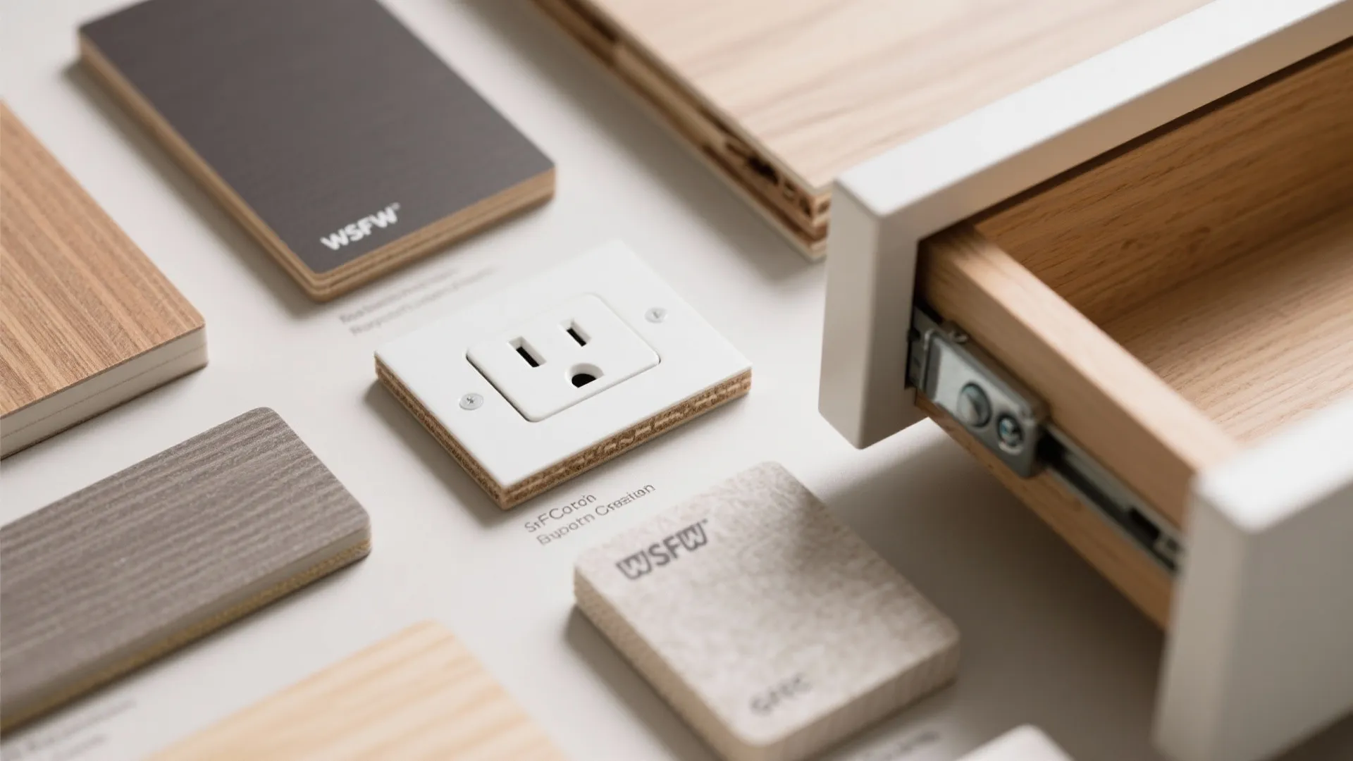 Wood material samples and a white electrical outlet placed next to an open wooden drawer
