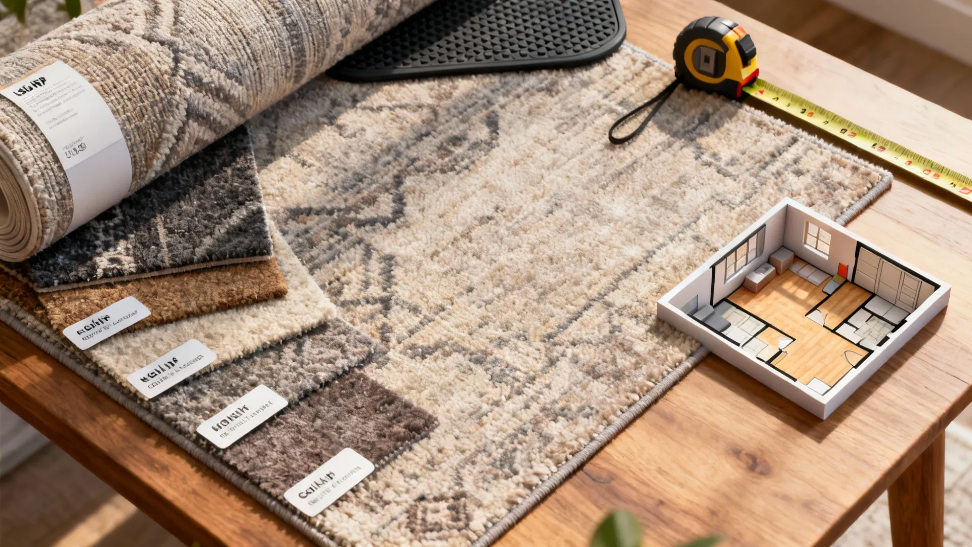 Top-down view of rug samples, non-slip pad, measuring tape and a floor plan mockup for rug planning