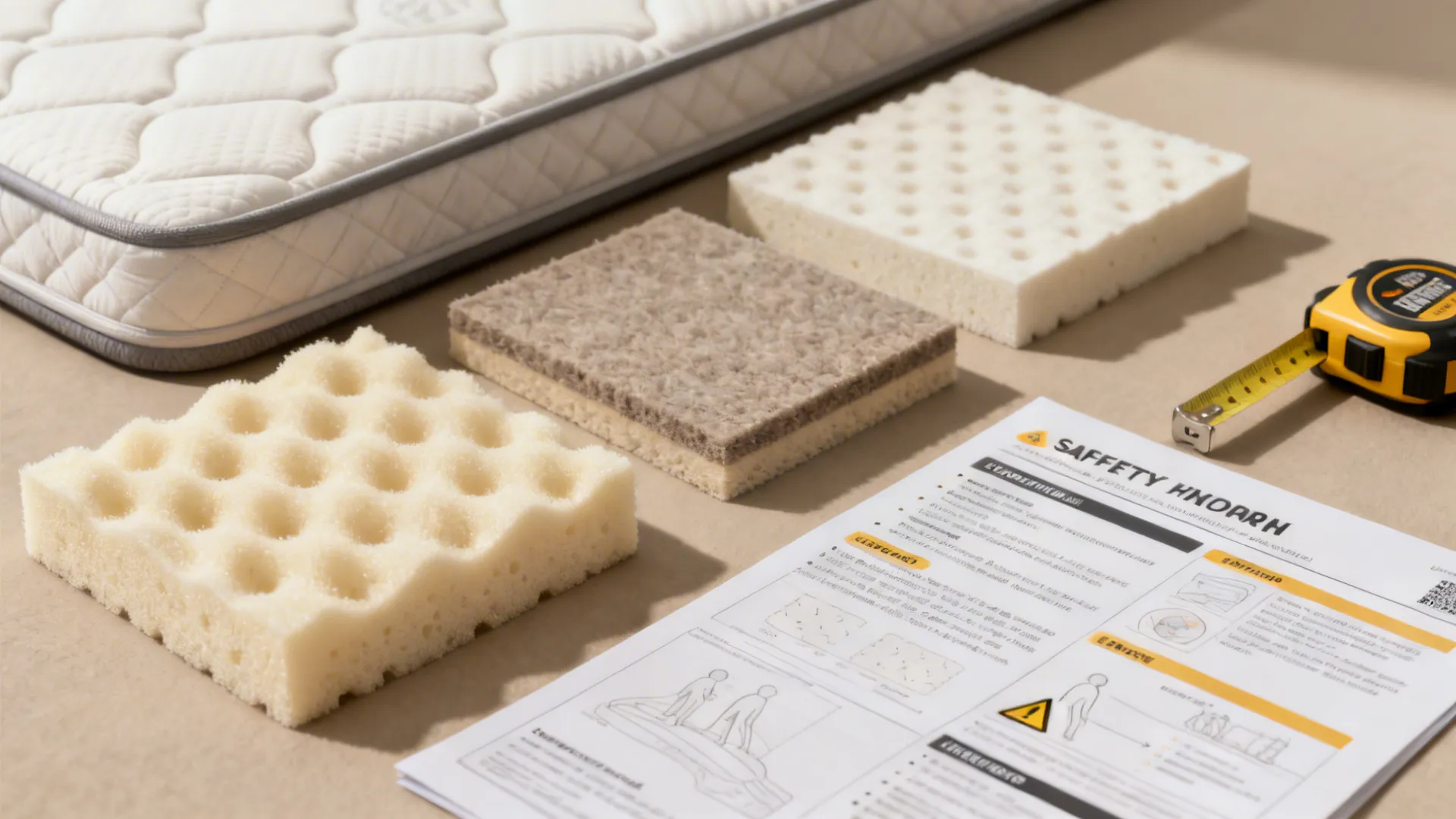 Mattress materials including foam samples, tape measure, and safety instruction manual on a tan surface