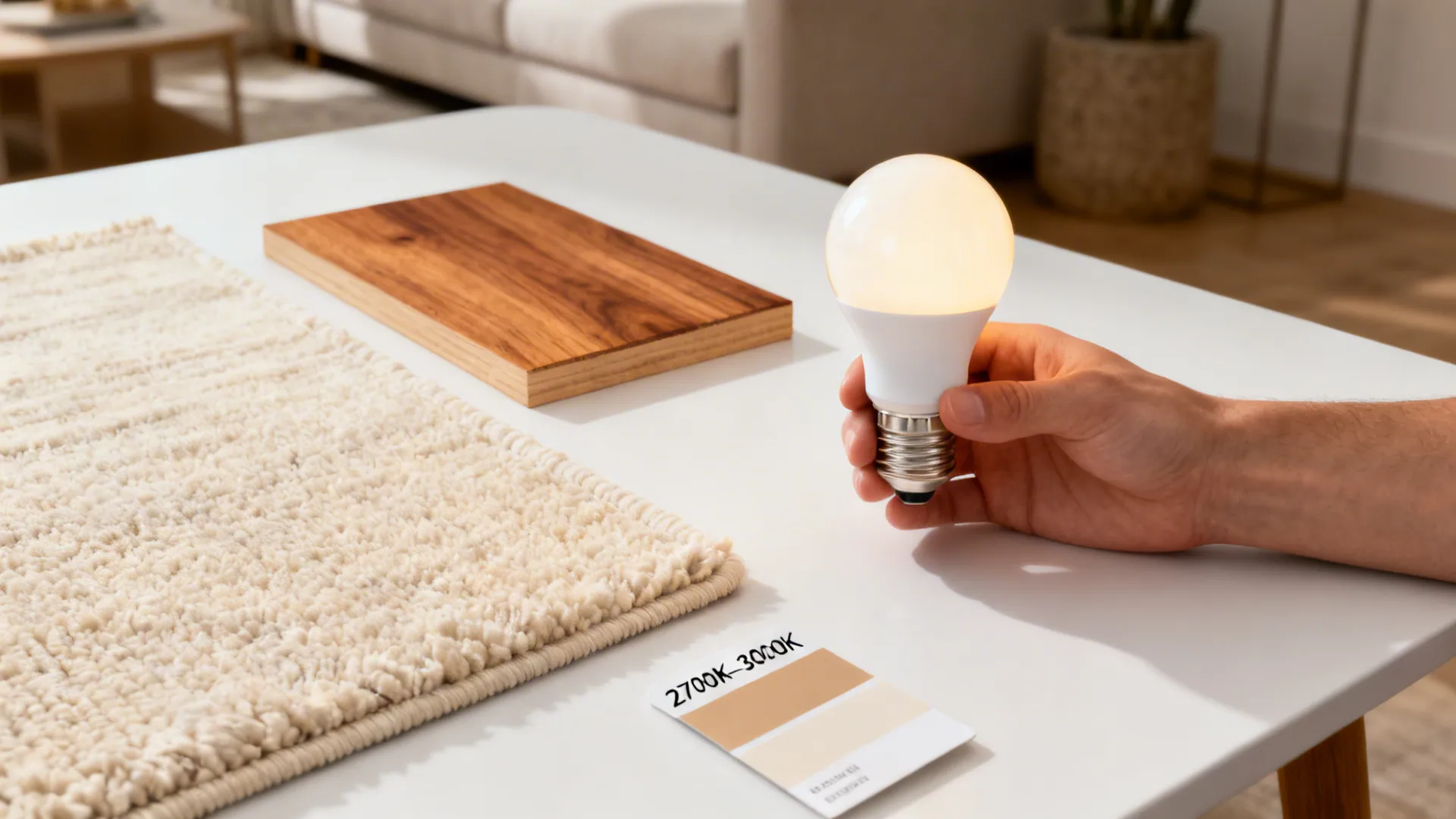 Samples showing stain-resistant rug fabric, wood tone and warm white bulb for living room FAQ