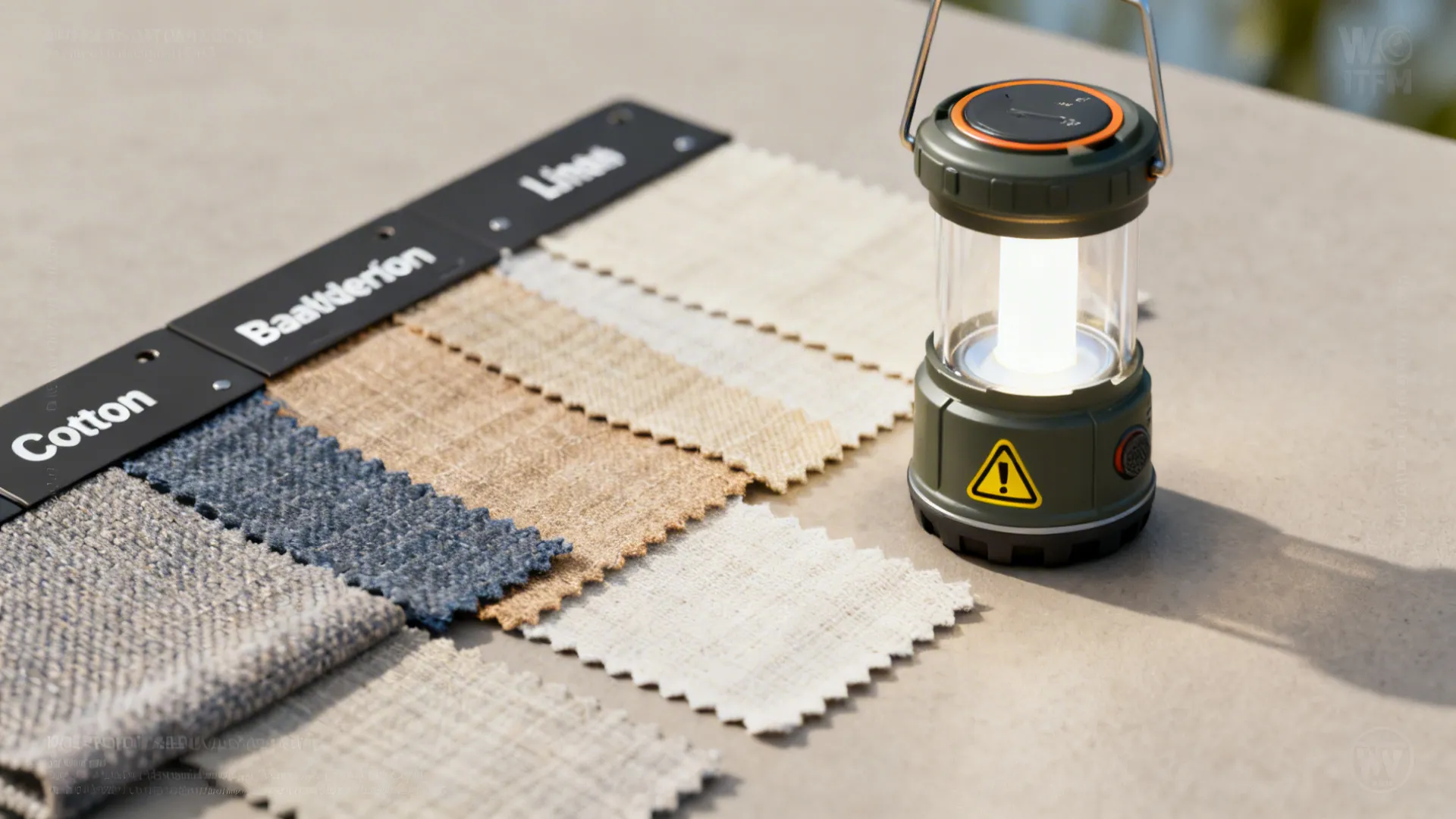 Fabric swatches and a battery LED lantern illustrating safe fabric and lighting choices for forts.
