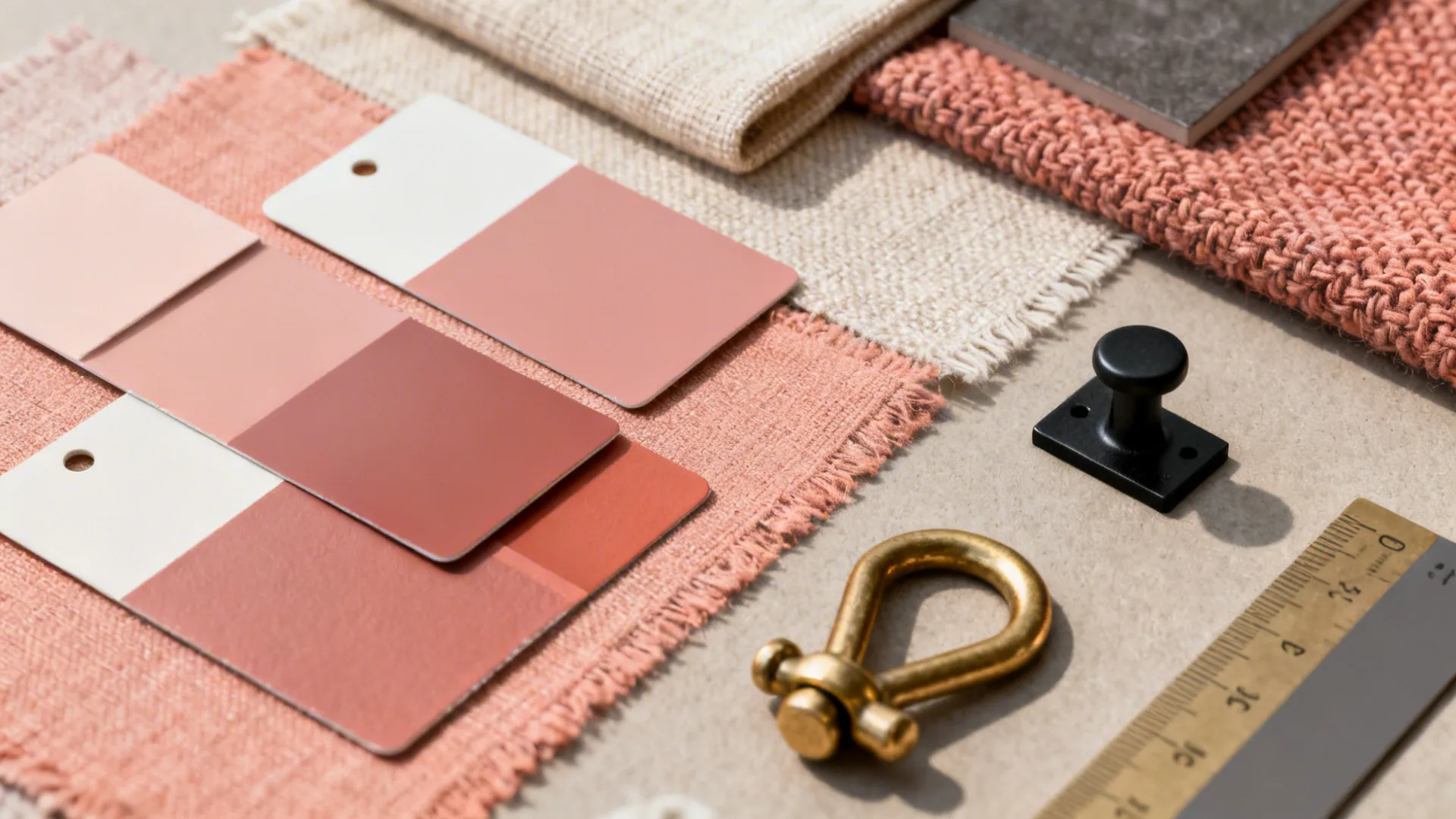 Paint chips, fabric swatches and hardware samples for pink-grey-white palette