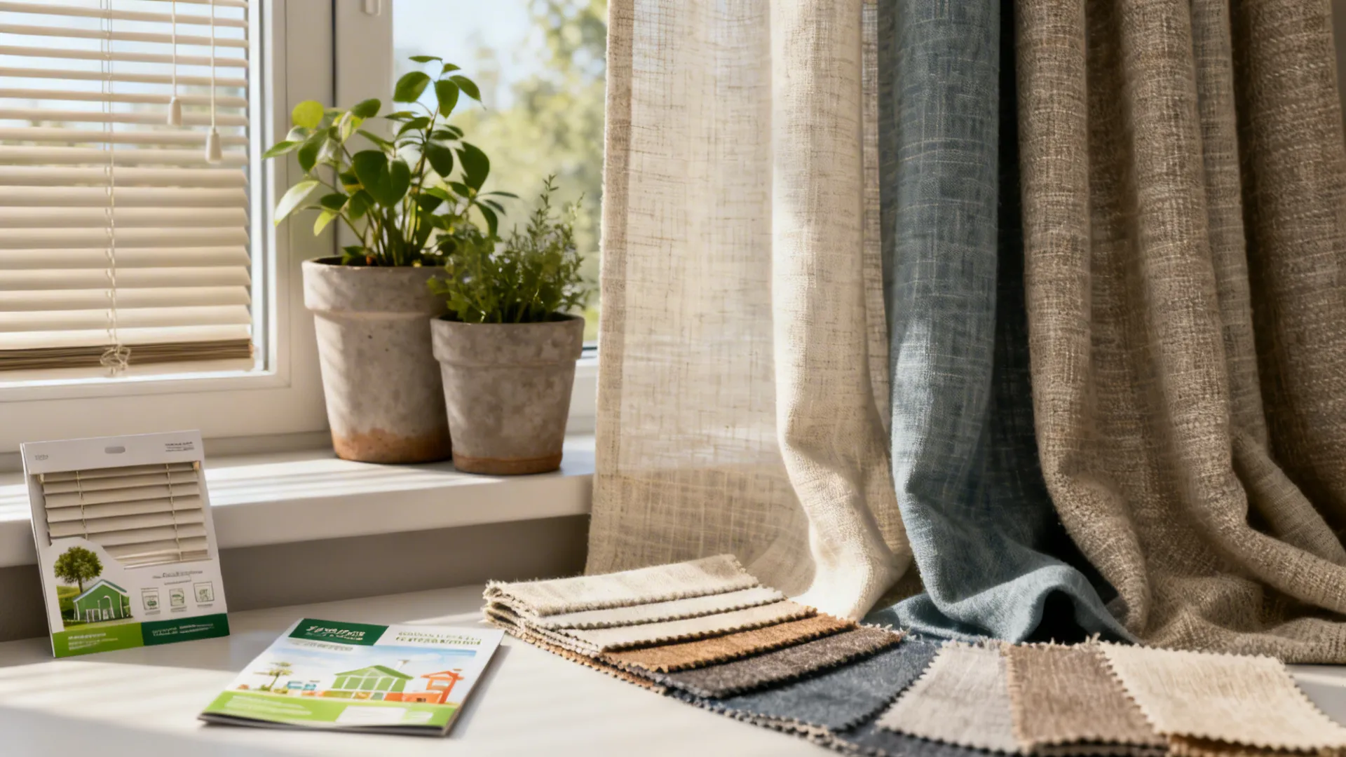 Curtain fabric swatches, sample blinds and plant pots beside a window for FAQ and material guidance.