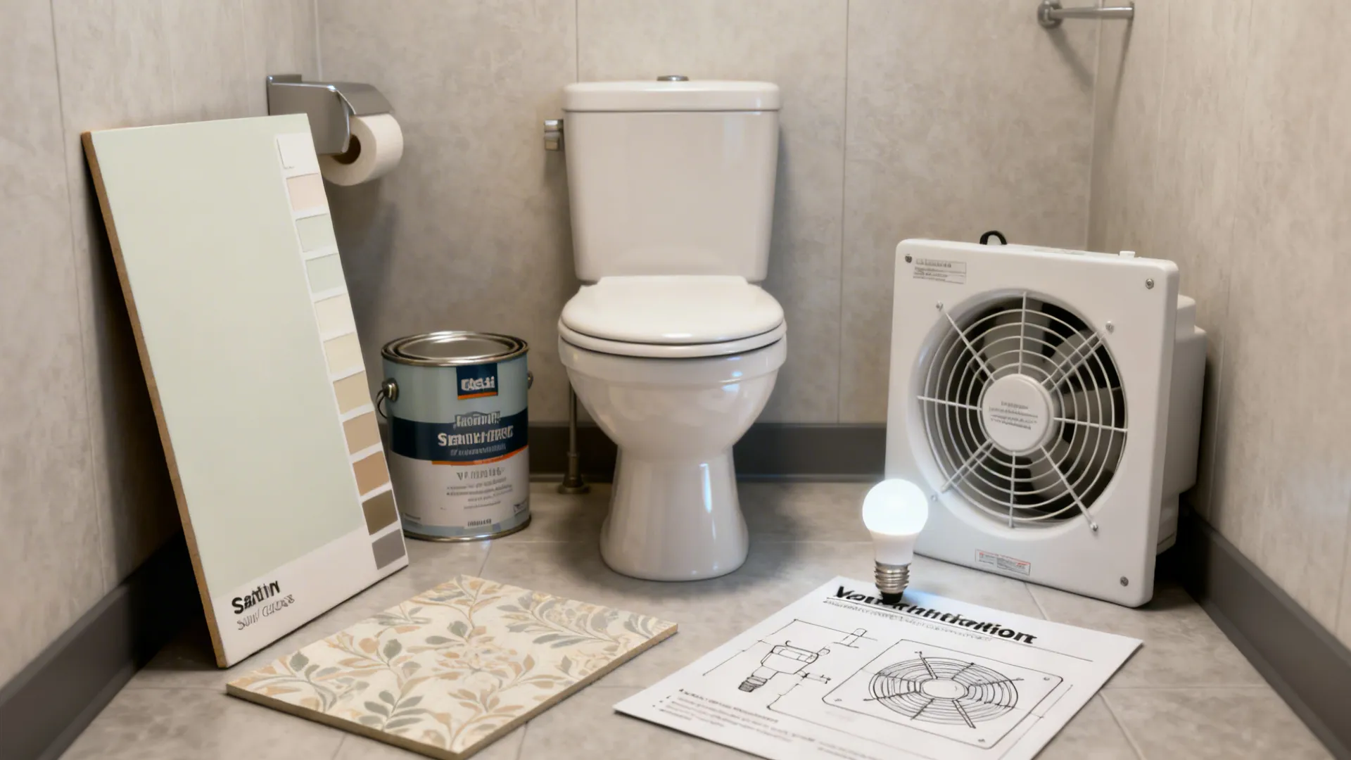Materials and finishes for a small toilet: paint, wallpaper, extractor fan and LED sample
